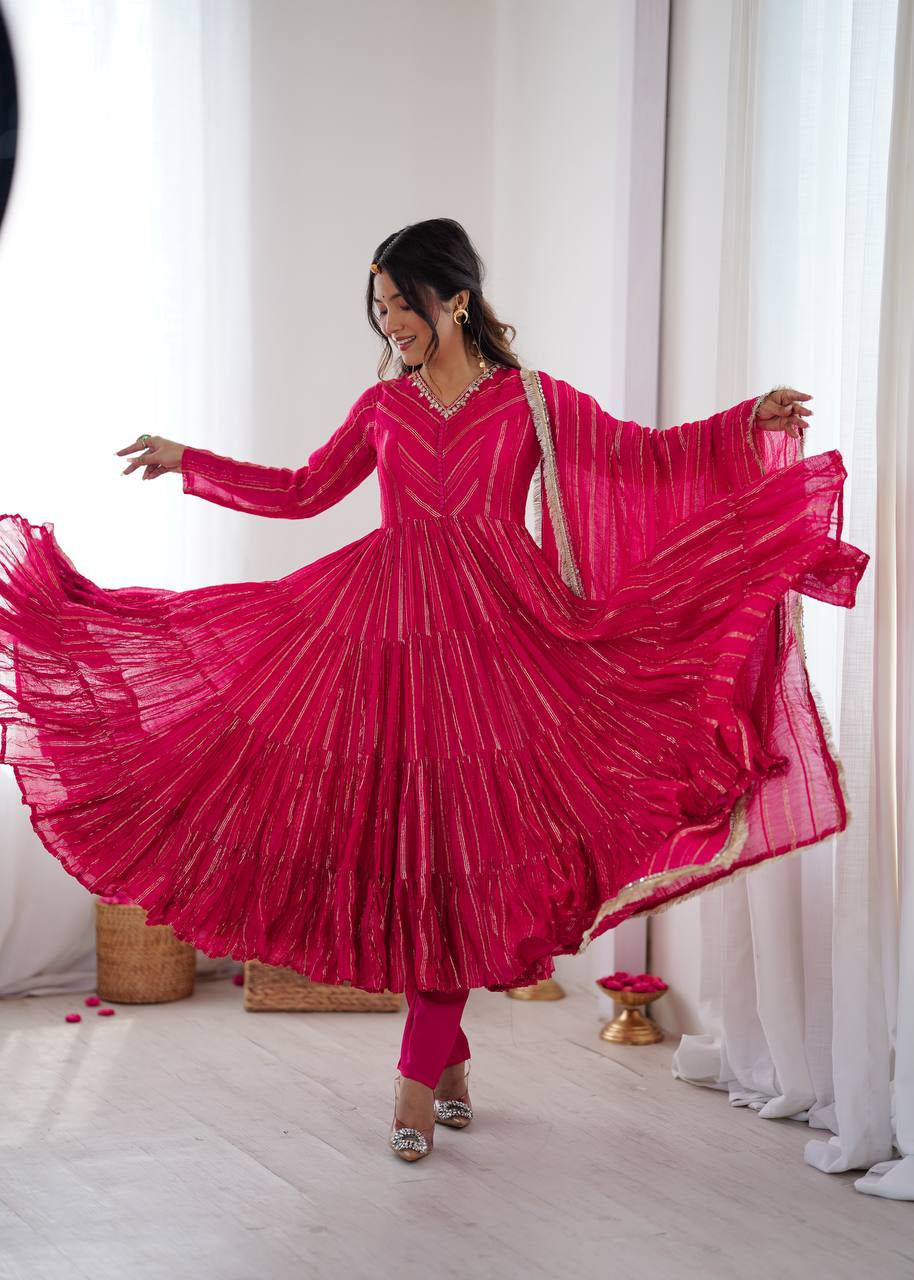Womenline Fuchsia Pink Shimmer Tiered Anarkali Set With Dupatta