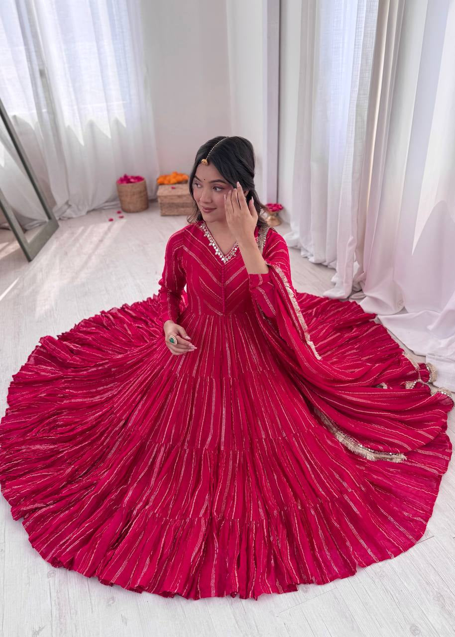 Womenline Fuchsia Pink Shimmer Tiered Anarkali Set With Dupatta
