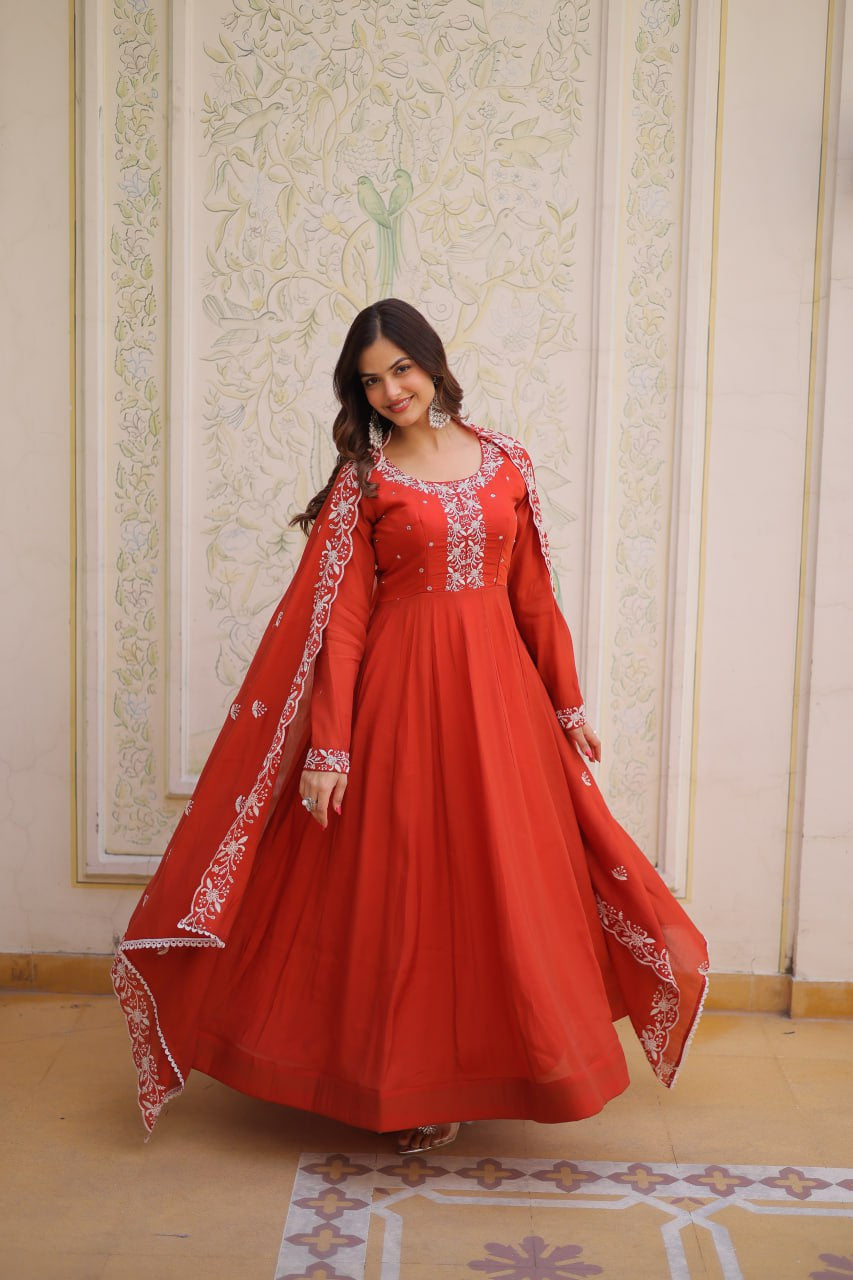 Womenline Pink Floral Embroidered Anarkali Set with Dupatta
