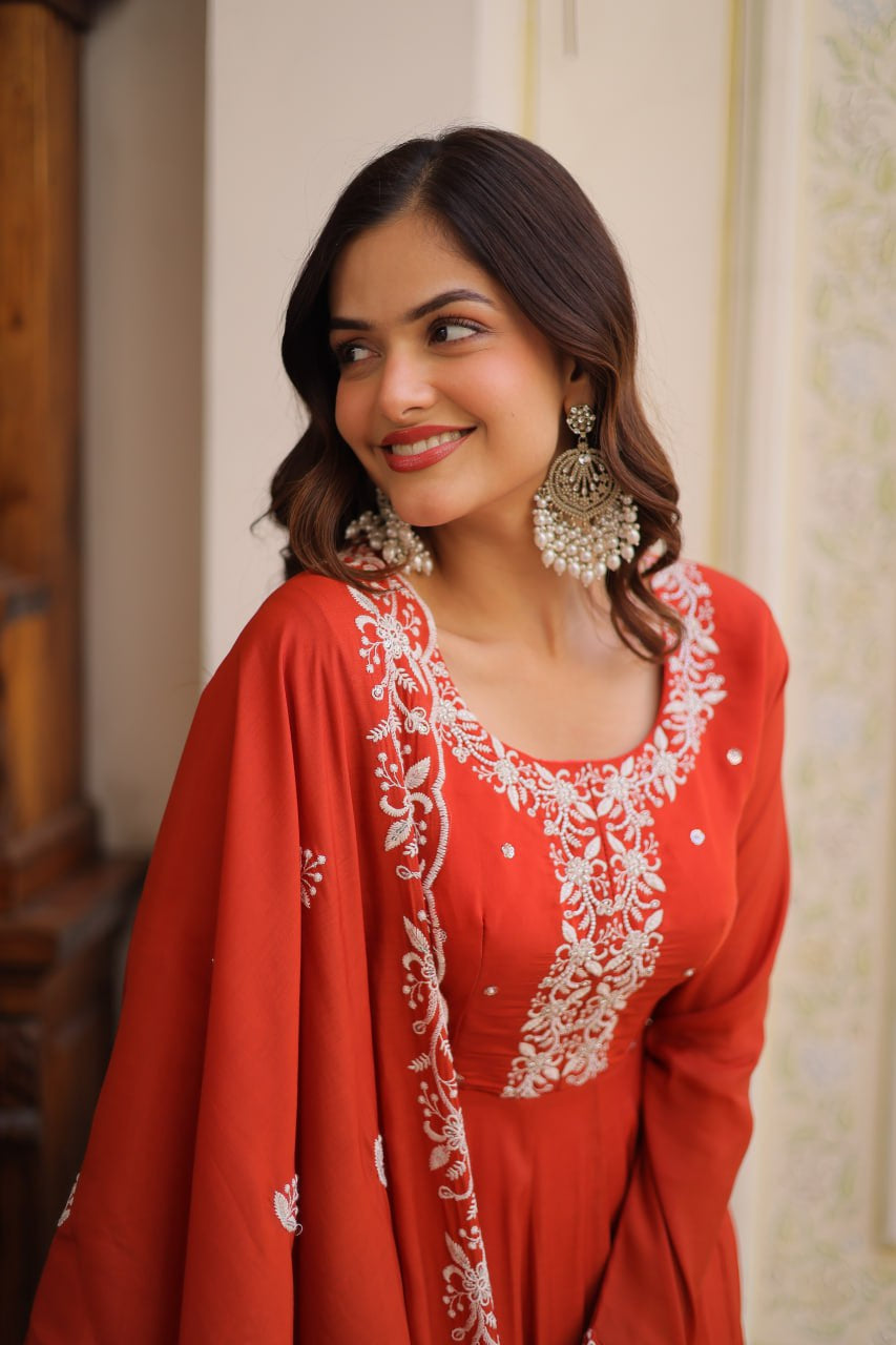 Womenline Pink Floral Embroidered Anarkali Set with Dupatta