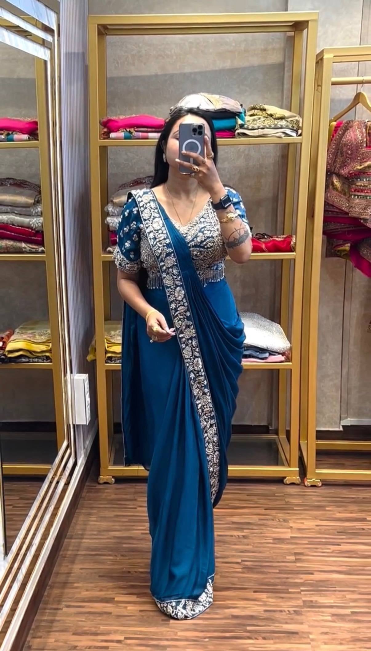 Womenline Teal Blue Pre-Draped Saree with Heavy Silver Embroidered Designer Blouse