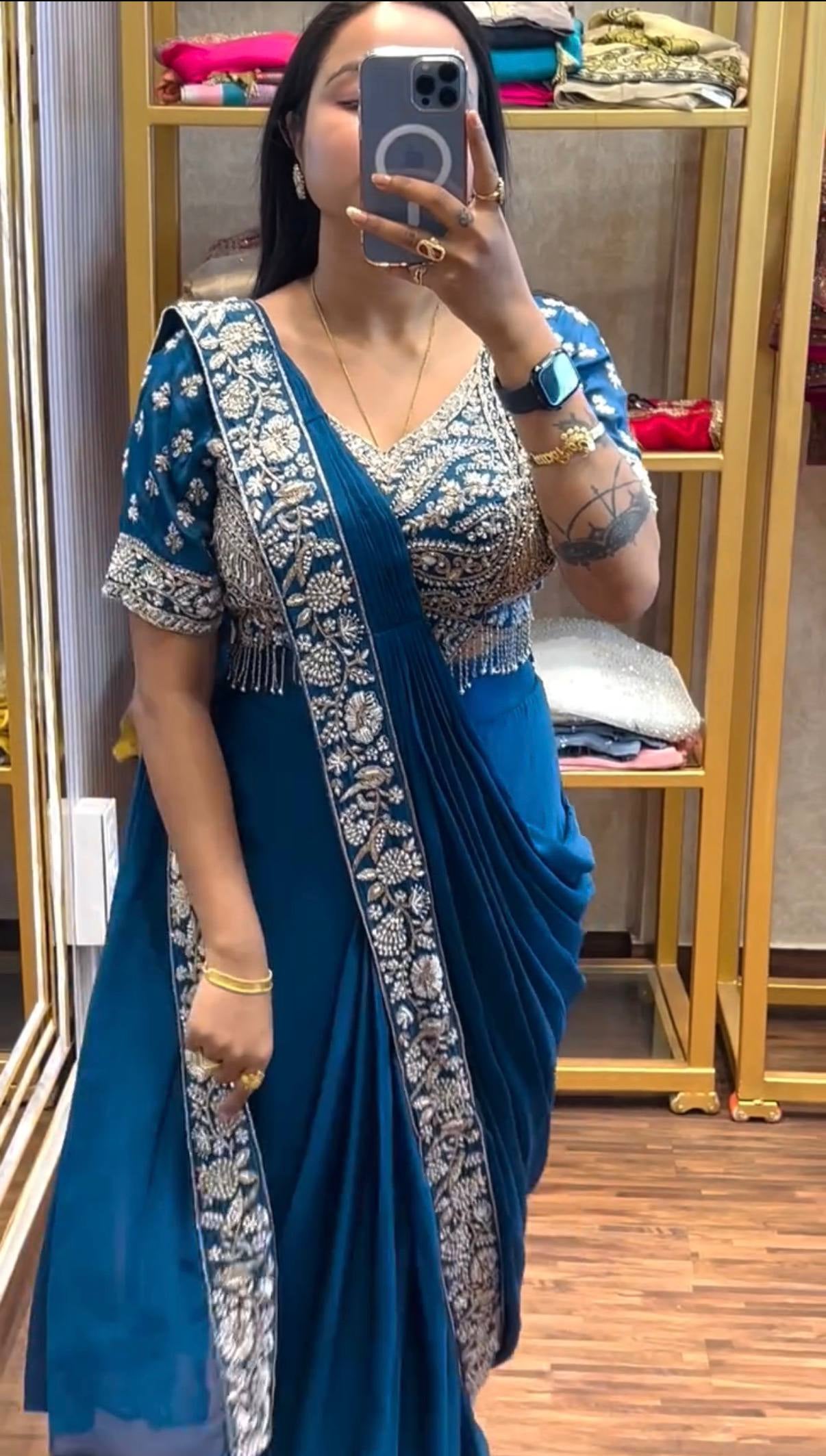 Womenline Teal Blue Pre-Draped Saree with Heavy Silver Embroidered Designer Blouse