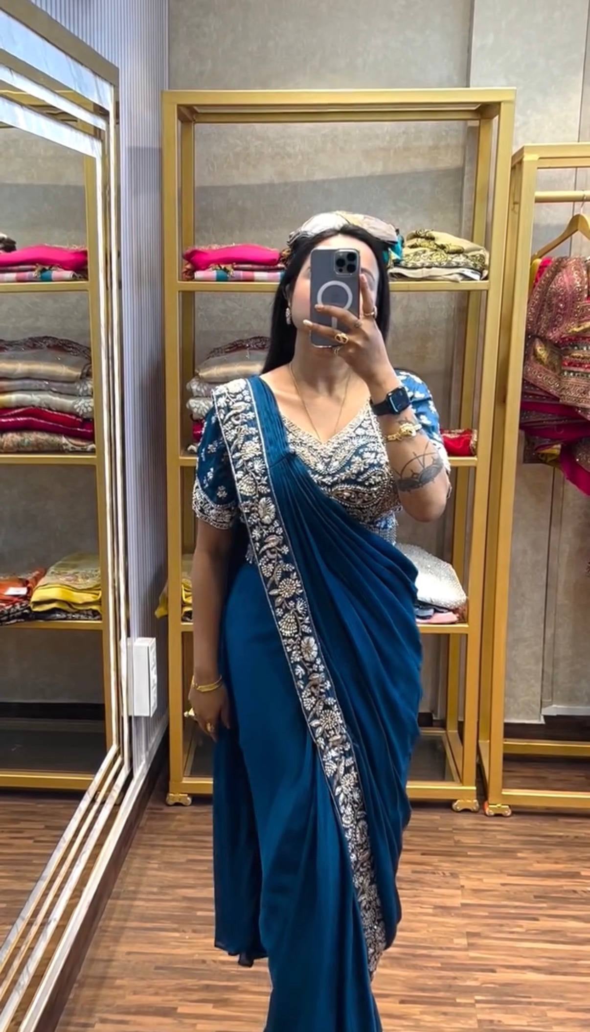 Womenline Teal Blue Pre-Draped Saree with Heavy Silver Embroidered Designer Blouse