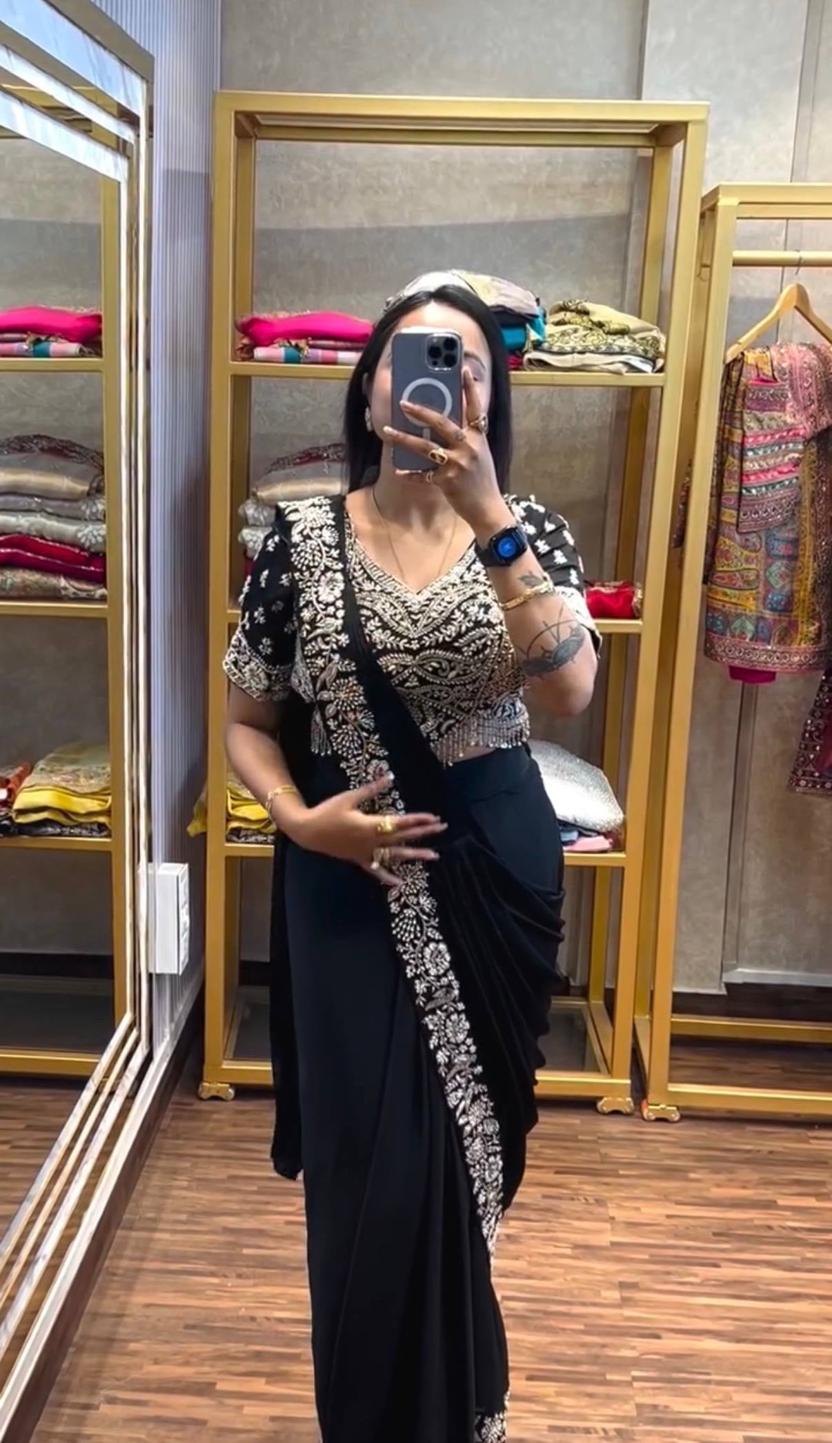 Womenline Classic Black Pre-Draped Saree with Heavy Silver Embroidered Designer Blouse