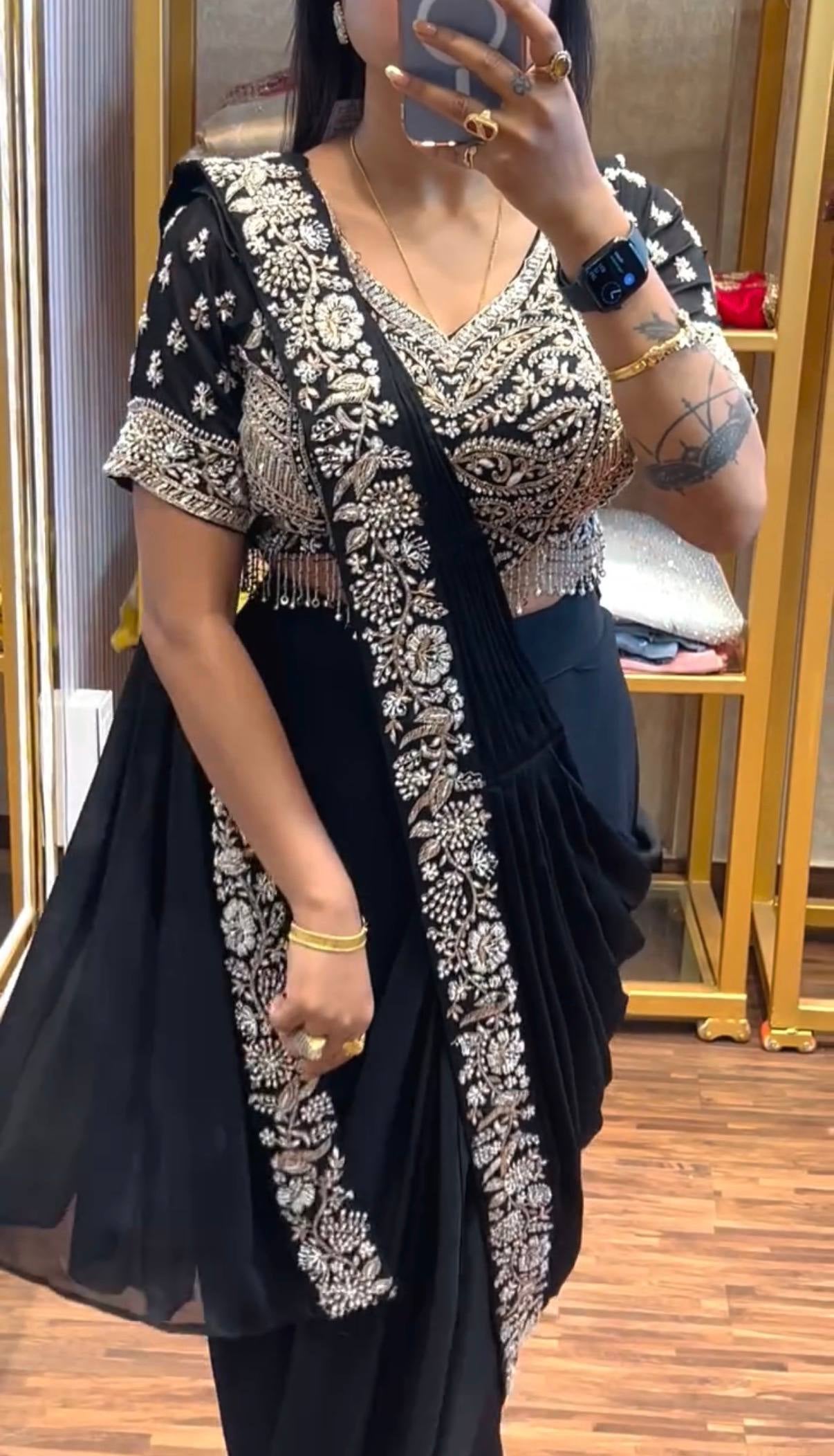 Womenline Classic Black Pre-Draped Saree with Heavy Silver Embroidered Designer Blouse