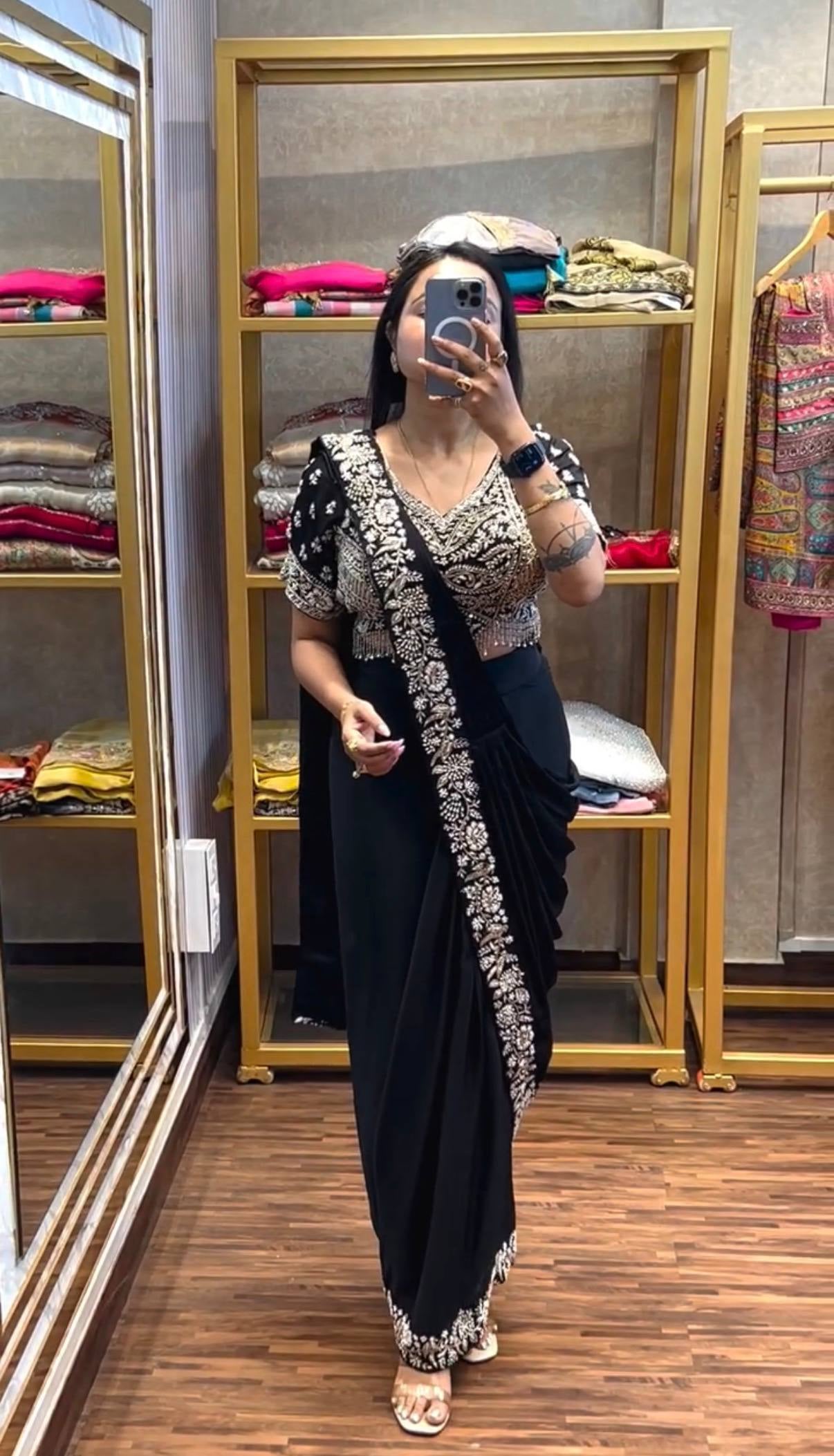 Womenline Classic Black Pre-Draped Saree with Heavy Silver Embroidered Designer Blouse