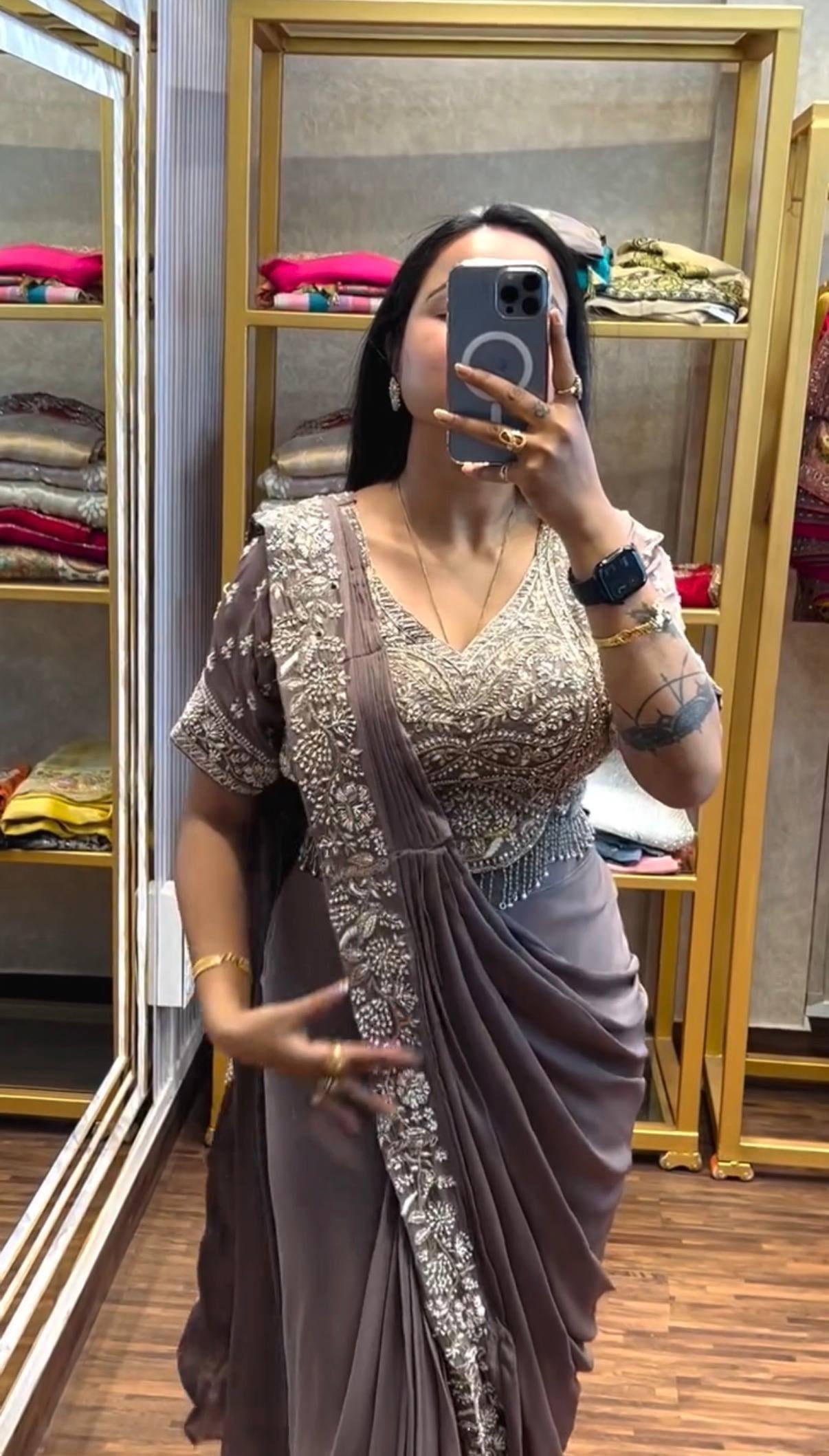 Womenline Dusty Mauve Pre-Draped Saree with Heavy Silver Embroidered Designer Blouse