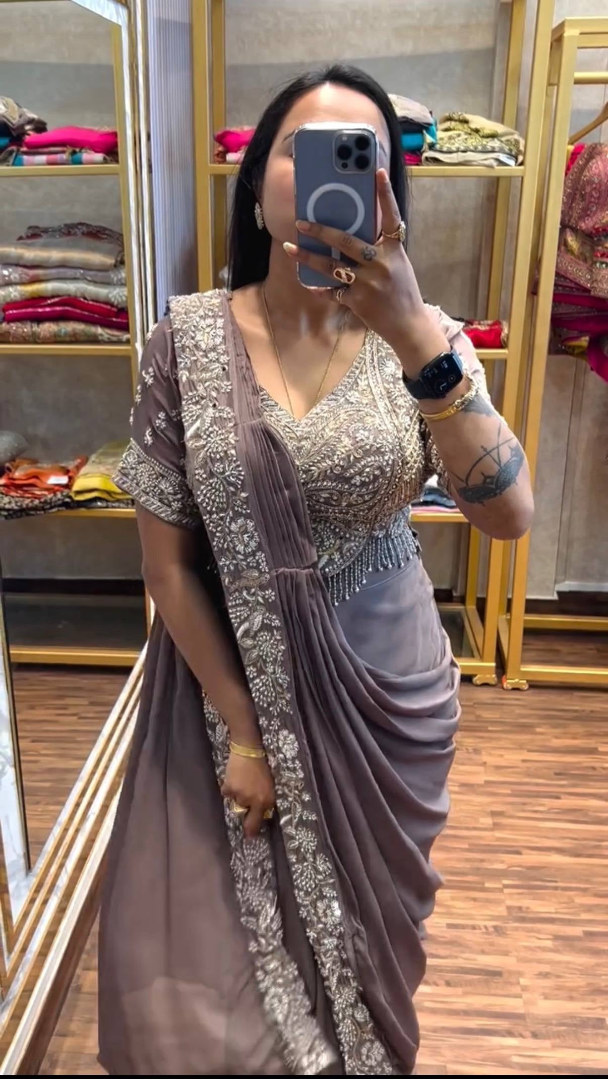 Womenline Dusty Mauve Pre-Draped Saree with Heavy Silver Embroidered Designer Blouse