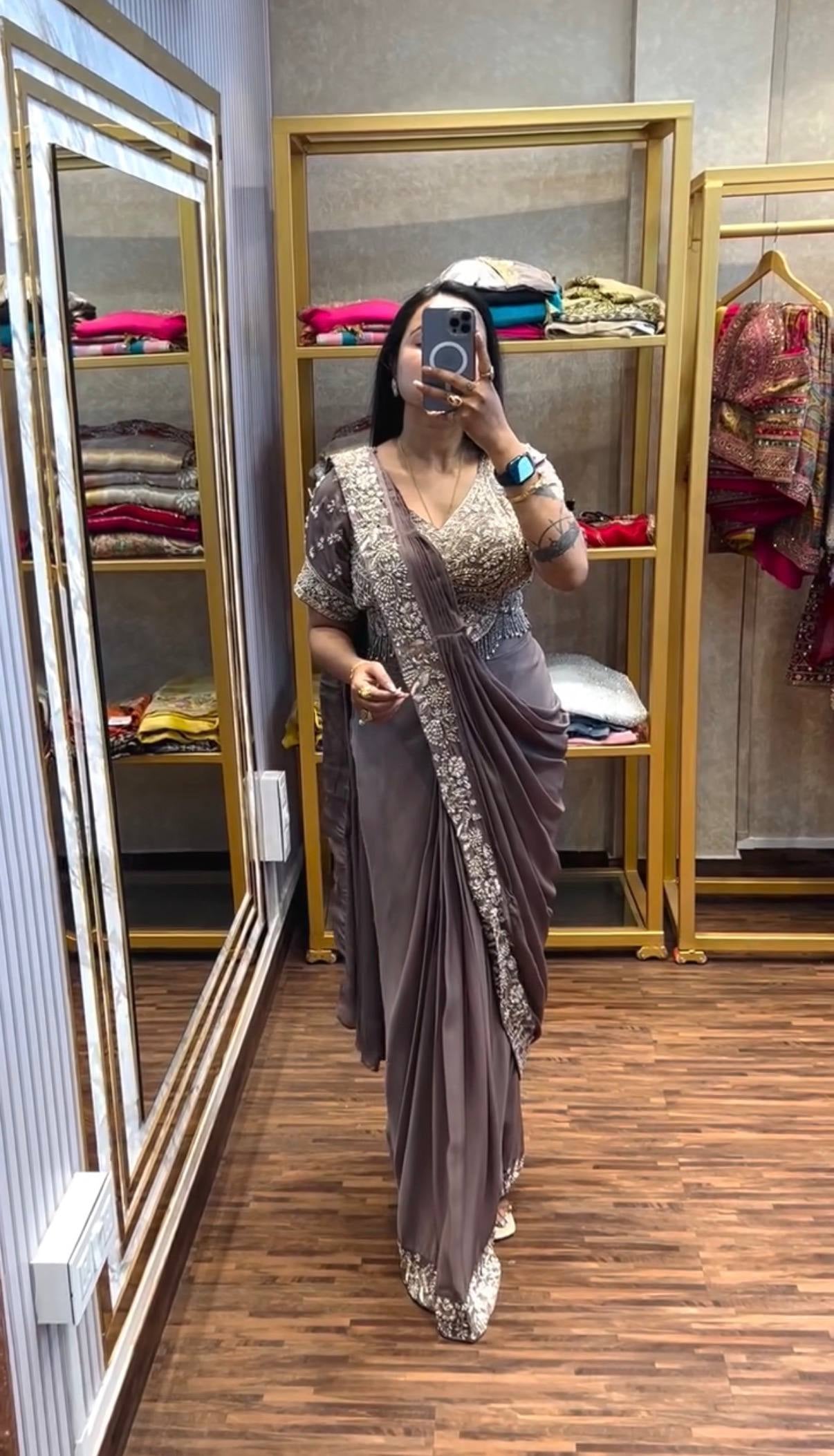 Womenline Dusty Mauve Pre-Draped Saree with Heavy Silver Embroidered Designer Blouse