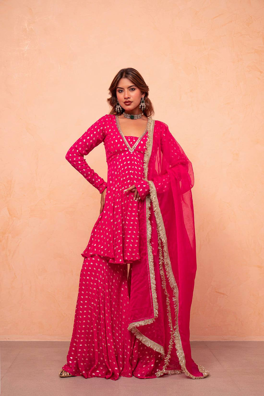 Womenline Rani Pink Foil Print Sharara Suit with Designer Dupatta