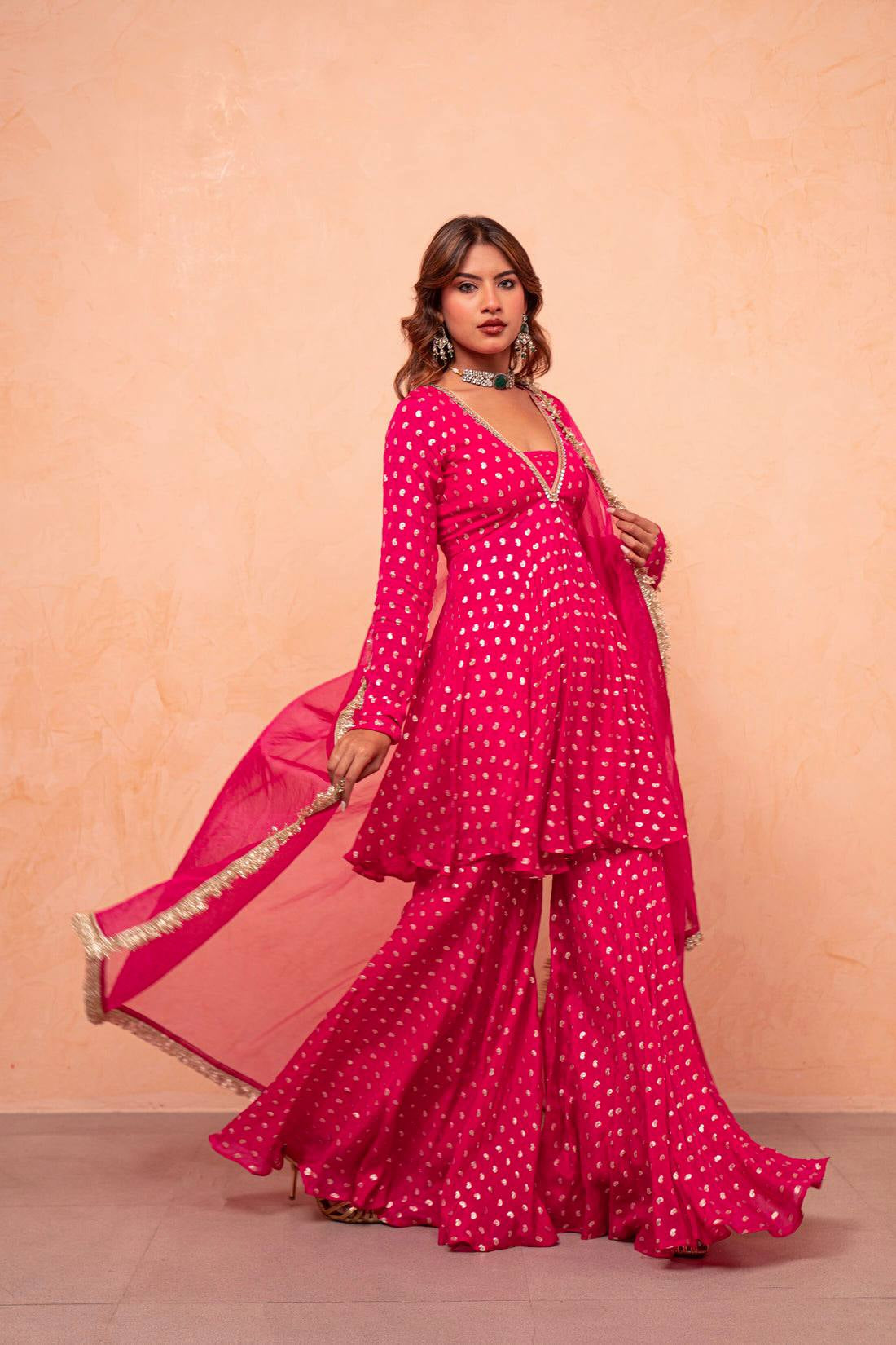 Womenline Rani Pink Foil Print Sharara Suit with Designer Dupatta