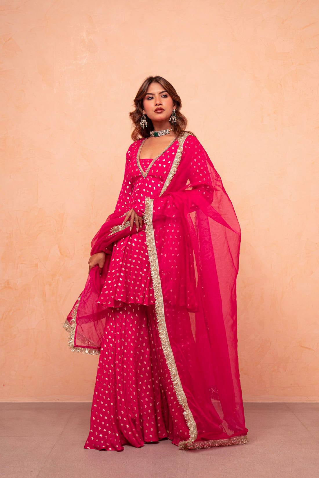 Womenline Rani Pink Foil Print Sharara Suit with Designer Dupatta