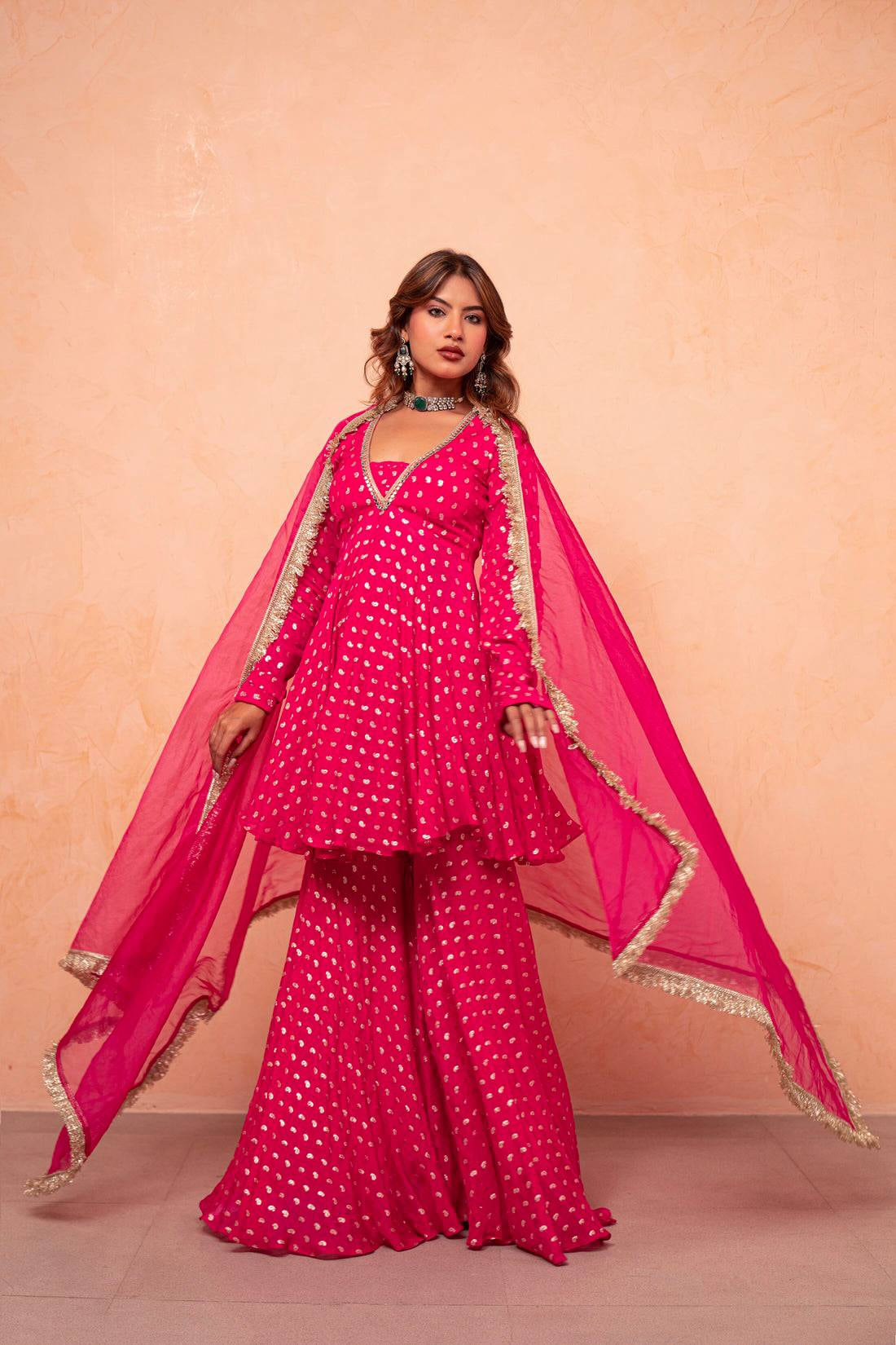 Womenline Rani Pink Foil Print Sharara Suit with Designer Dupatta