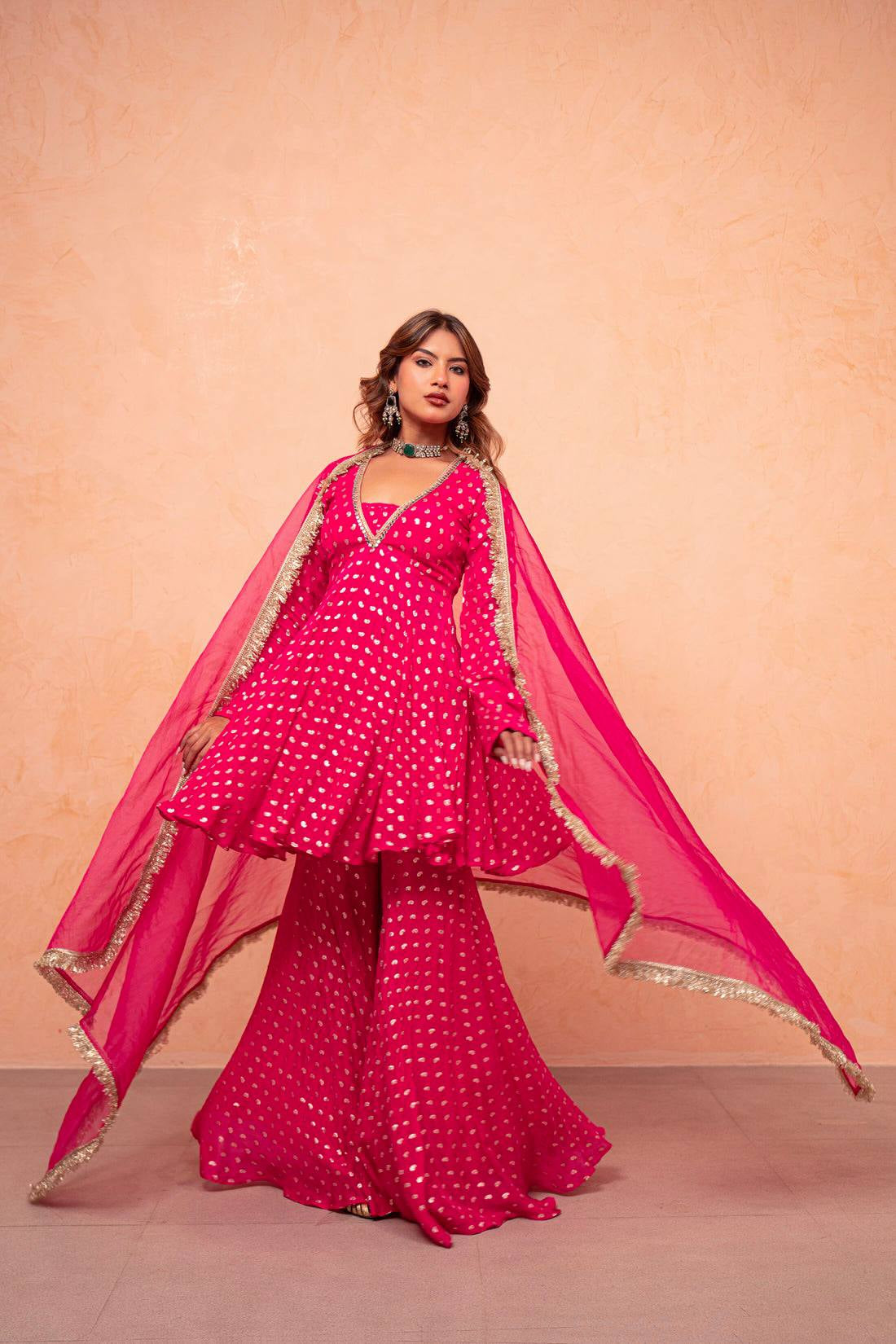 Womenline Rani Pink Foil Print Sharara Suit with Designer Dupatta