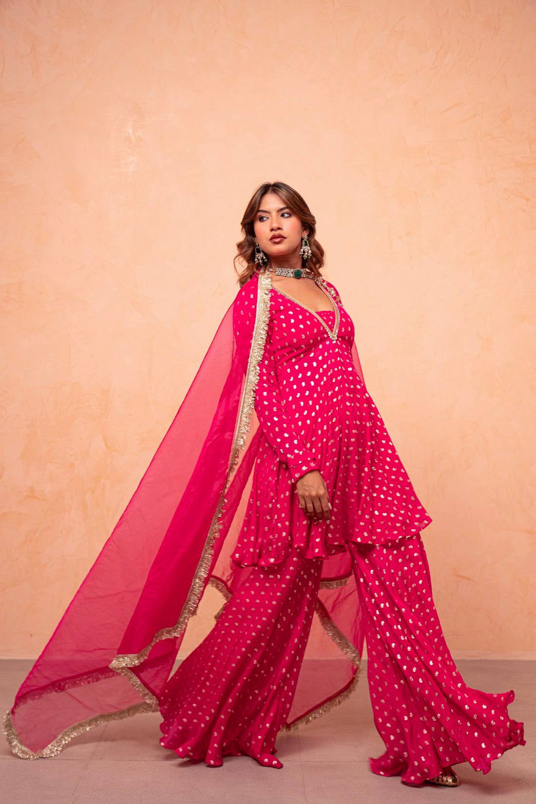 Womenline Rani Pink Foil Print Sharara Suit with Designer Dupatta