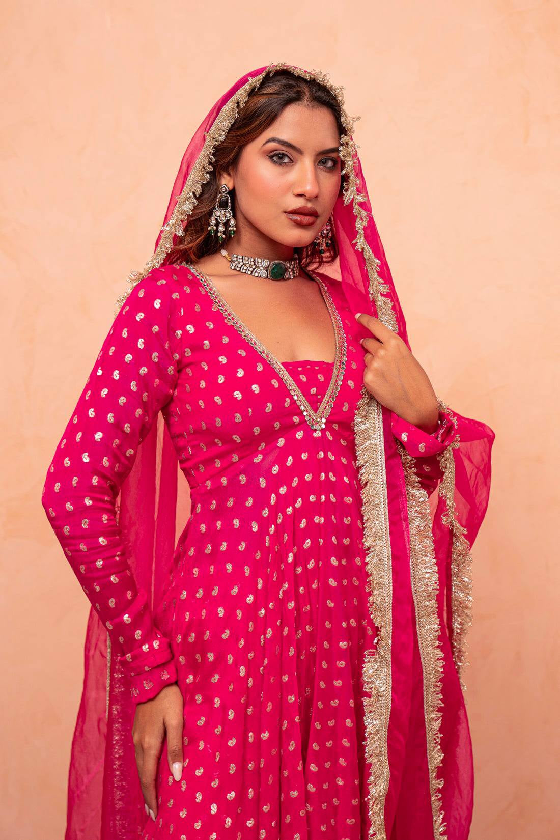 Womenline Rani Pink Foil Print Sharara Suit with Designer Dupatta