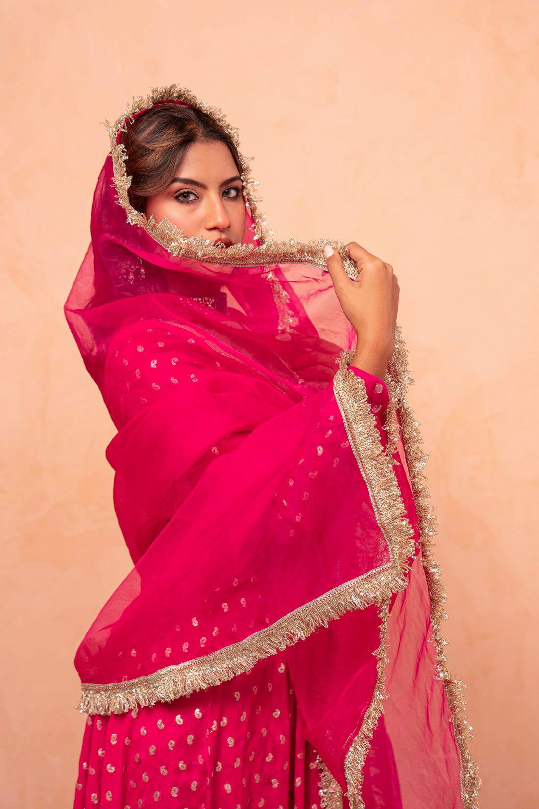 Womenline Rani Pink Foil Print Sharara Suit with Designer Dupatta