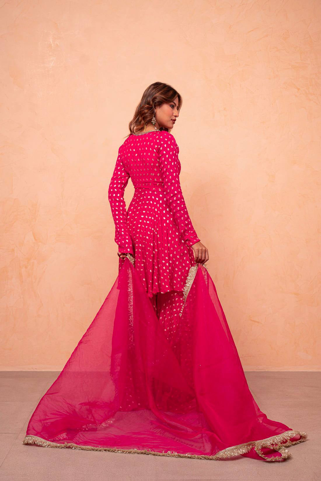 Womenline Rani Pink Foil Print Sharara Suit with Designer Dupatta