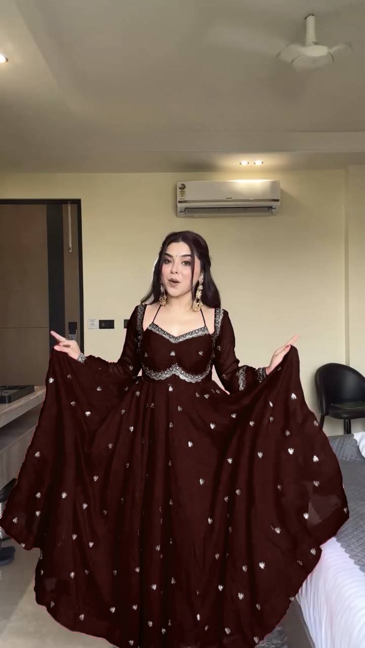 Womenline Wine Brown Embroidered Anarkali Gown with Dupatta