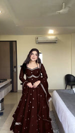 Womenline Wine Brown Embroidered Anarkali Gown with Dupatta