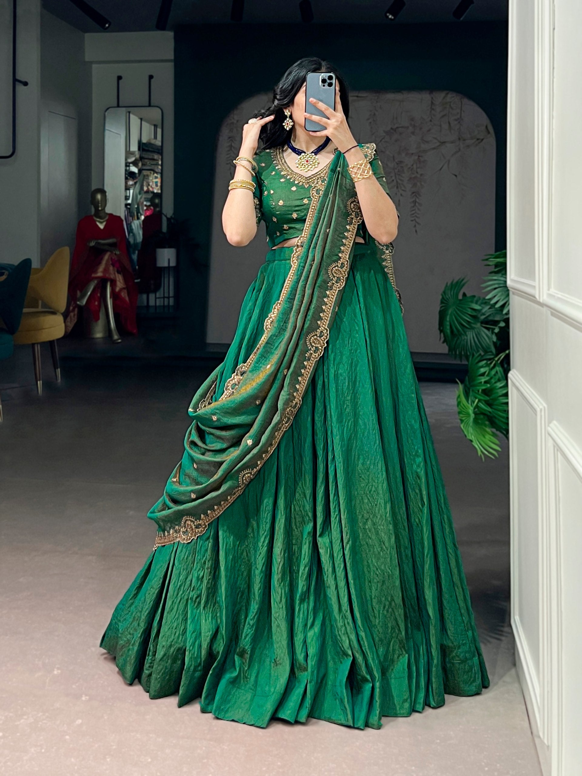 Womenline Emerald Majesty Designer Lehenga with Embroidered Dupatta