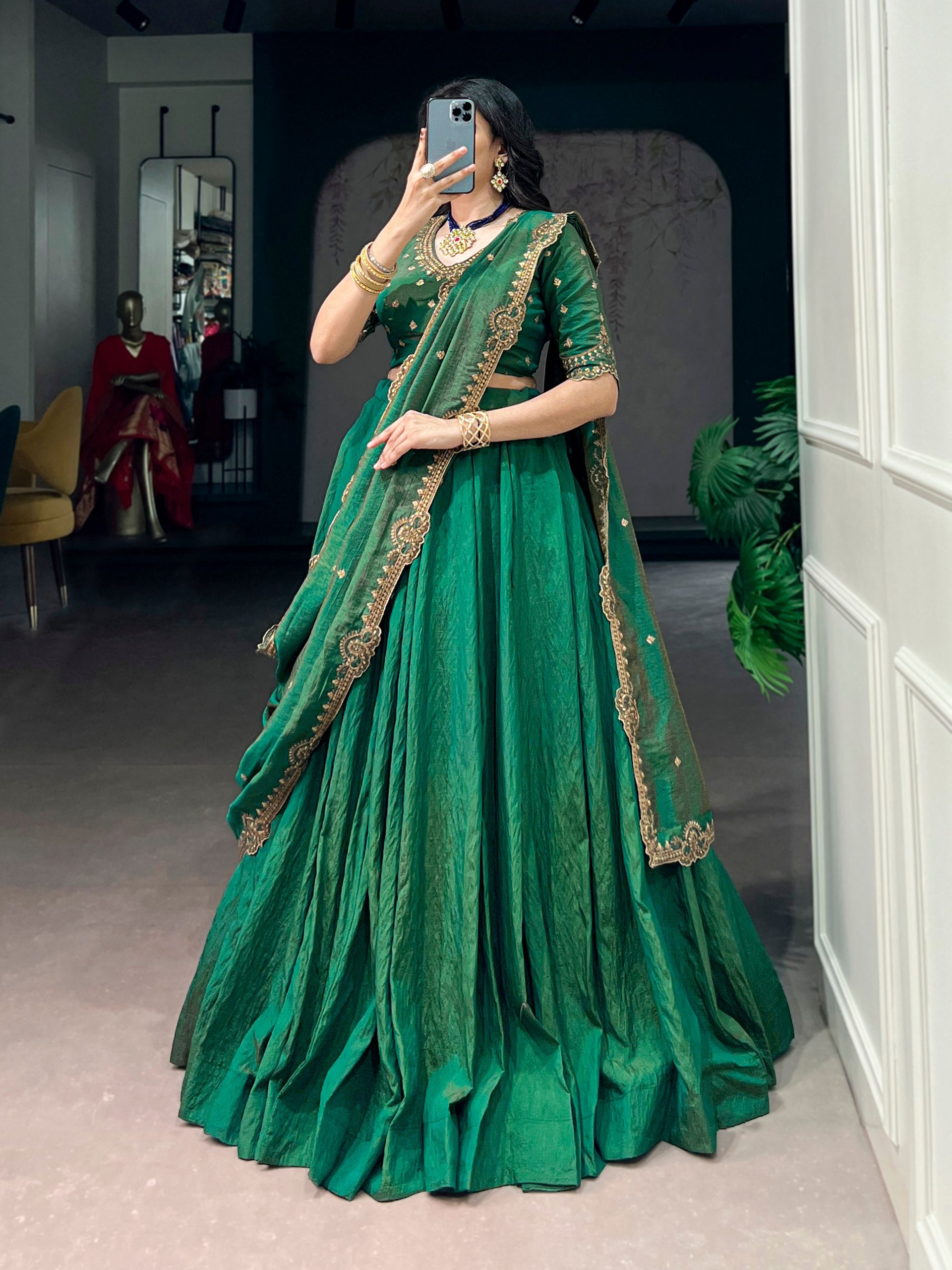 Womenline Emerald Majesty Designer Lehenga with Embroidered Dupatta
