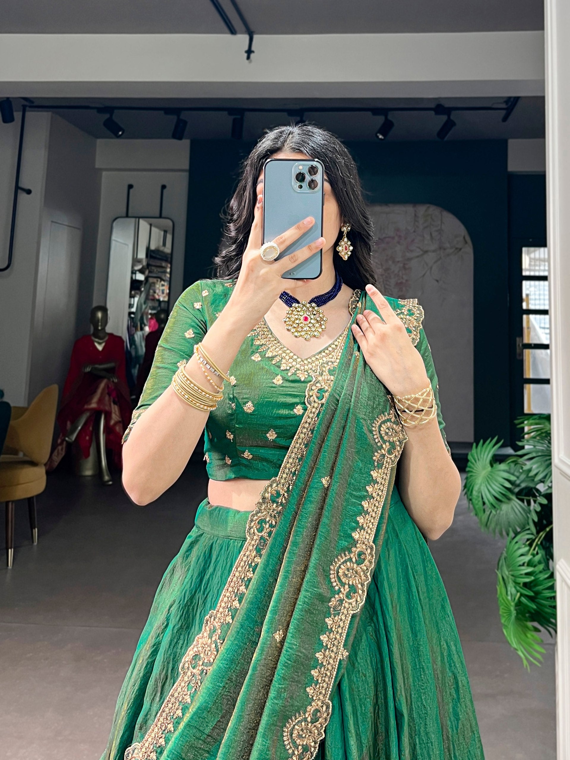 Womenline Emerald Majesty Designer Lehenga with Embroidered Dupatta