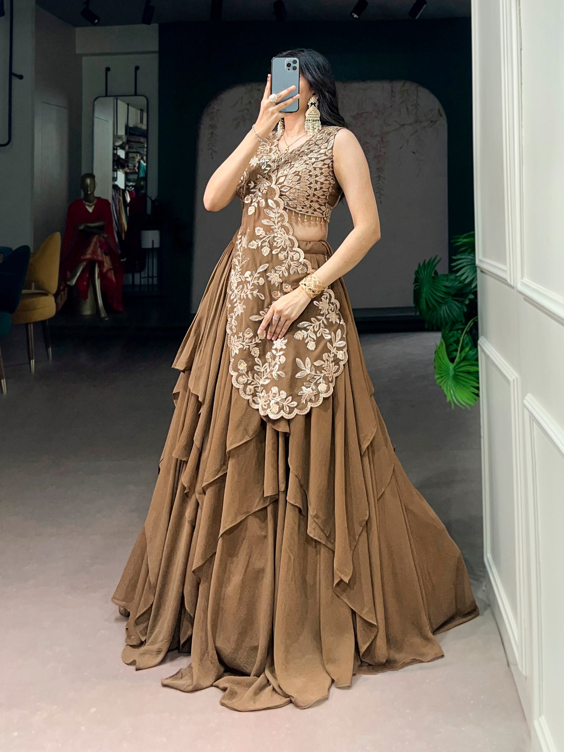 Womenline Mocha Luxe Designer Ruffle Lehenga with Embroidered Cape