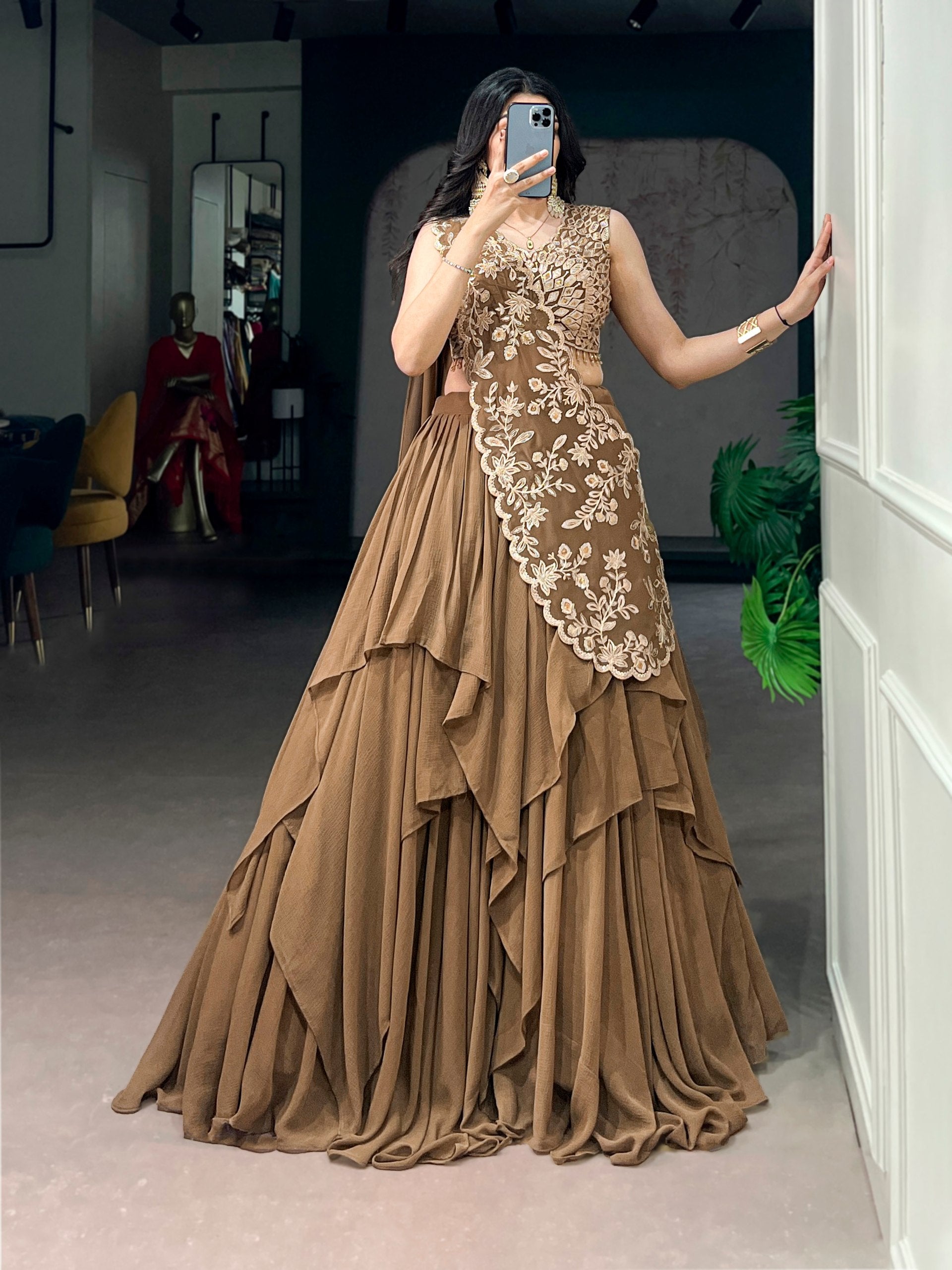 Womenline Mocha Luxe Designer Ruffle Lehenga with Embroidered Cape