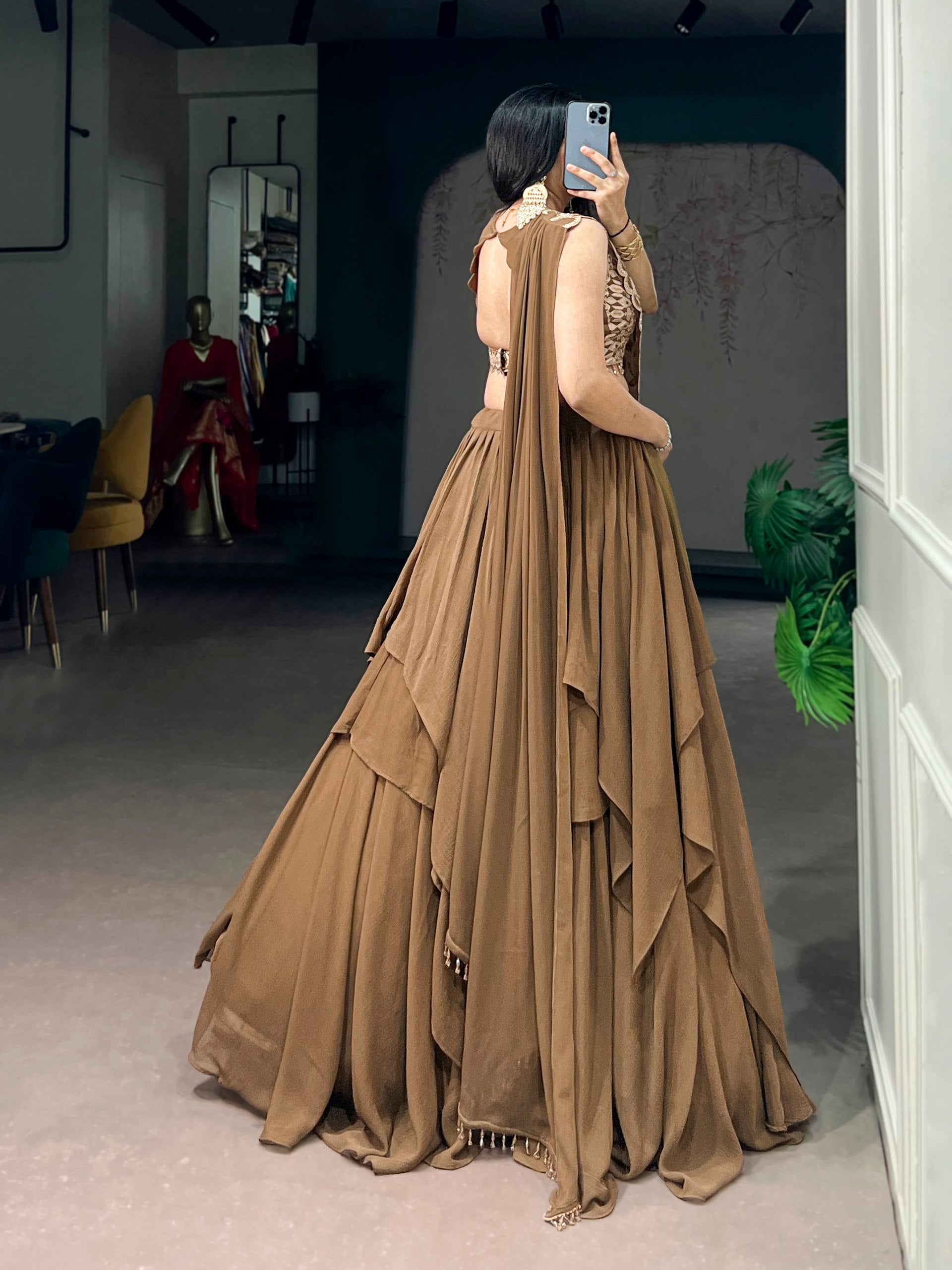 Womenline Mocha Luxe Designer Ruffle Lehenga with Embroidered Cape