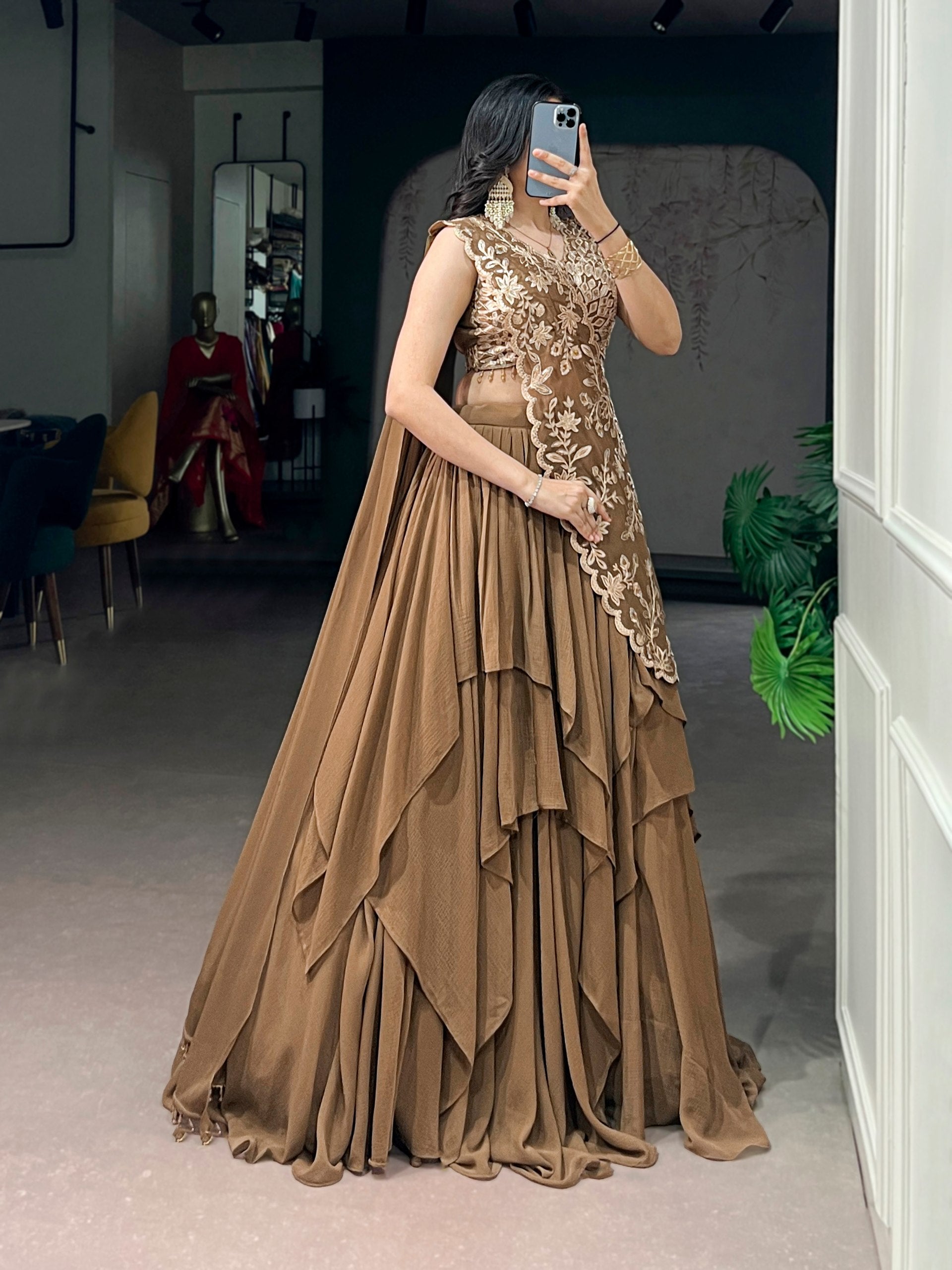 Womenline Mocha Luxe Designer Ruffle Lehenga with Embroidered Cape