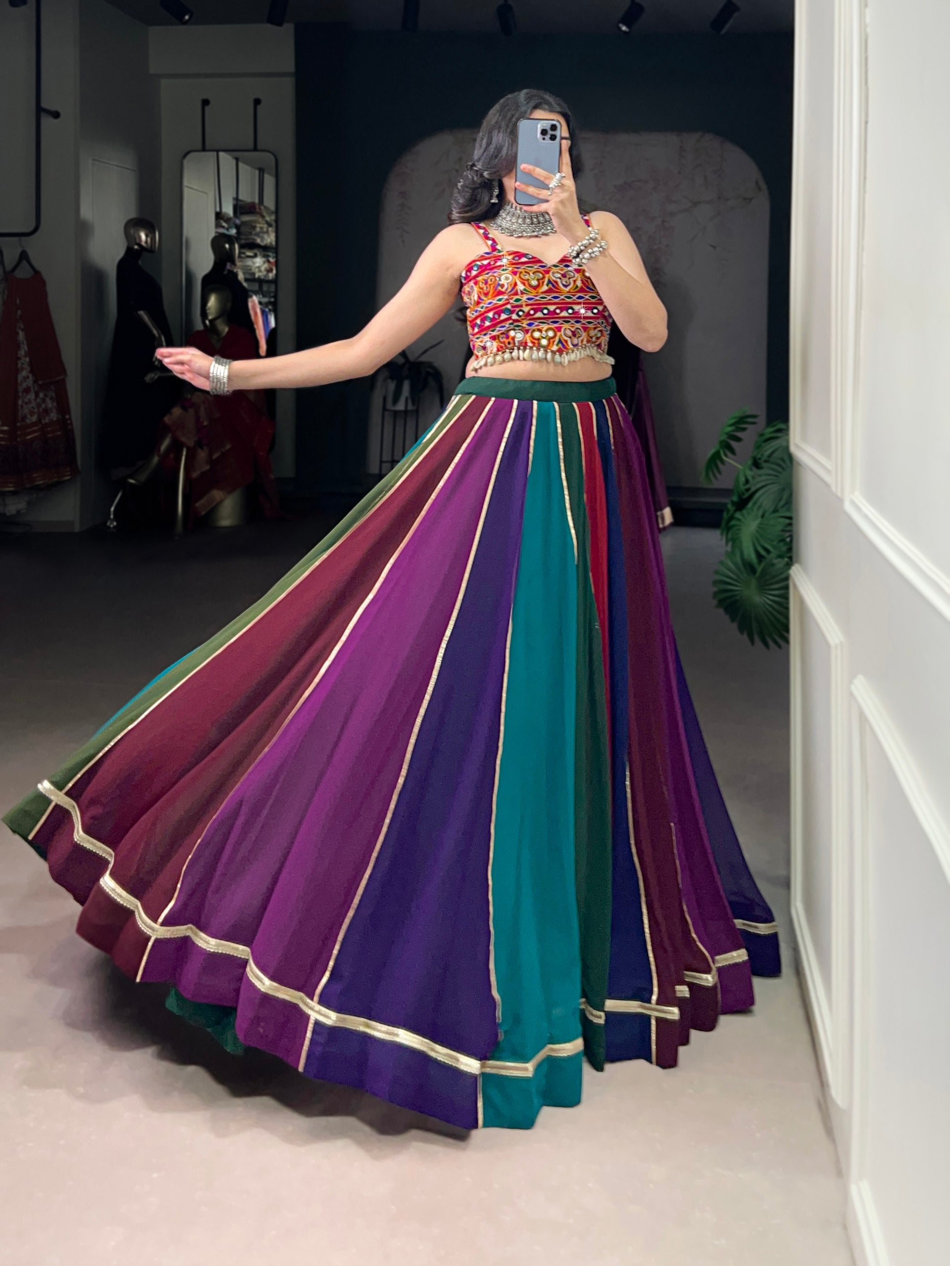 Womenline Rainbow Heritage Navratri Lehenga with Kutchi Mirror Work Blouse