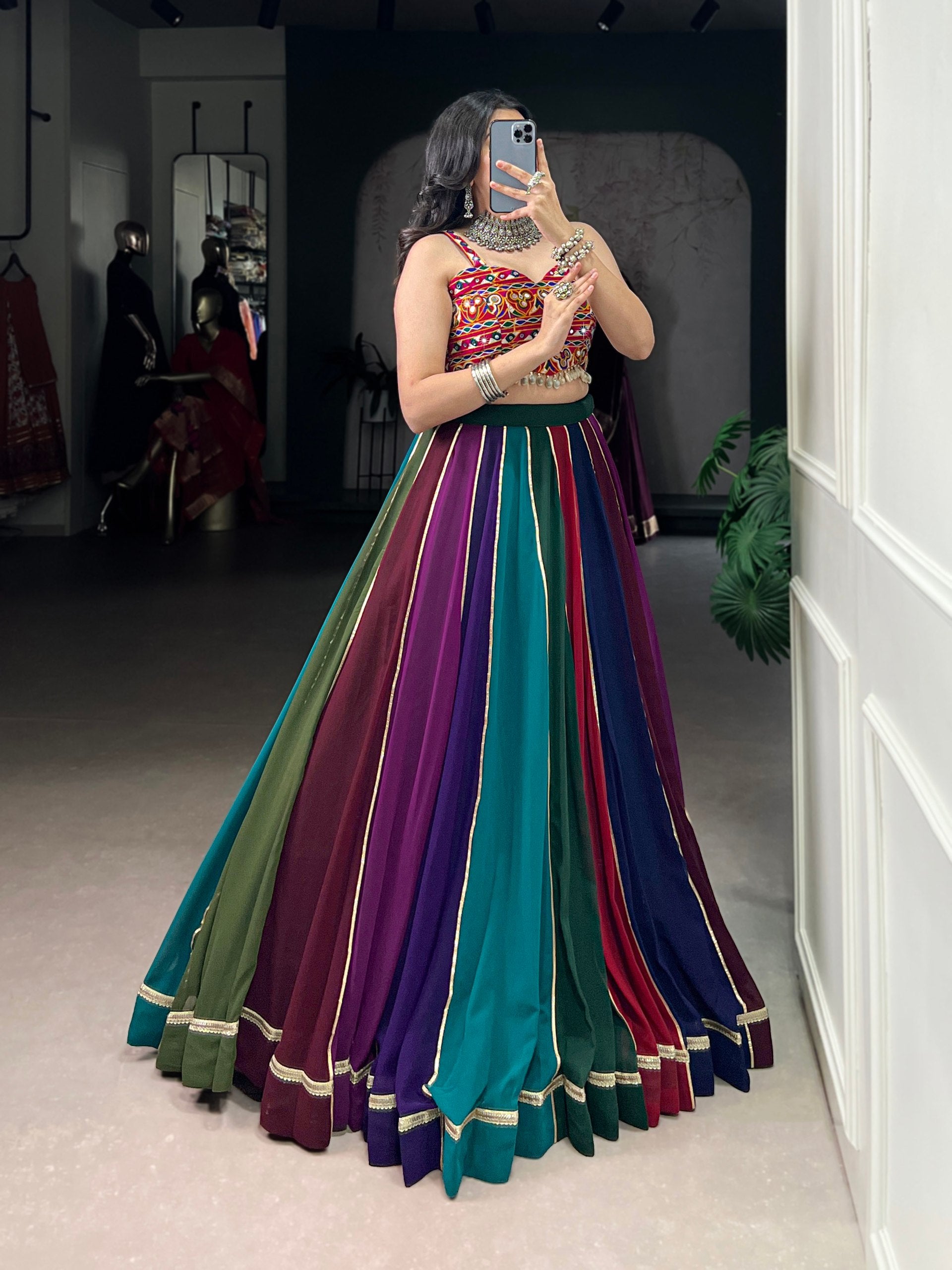 Womenline Rainbow Heritage Navratri Lehenga with Kutchi Mirror Work Blouse
