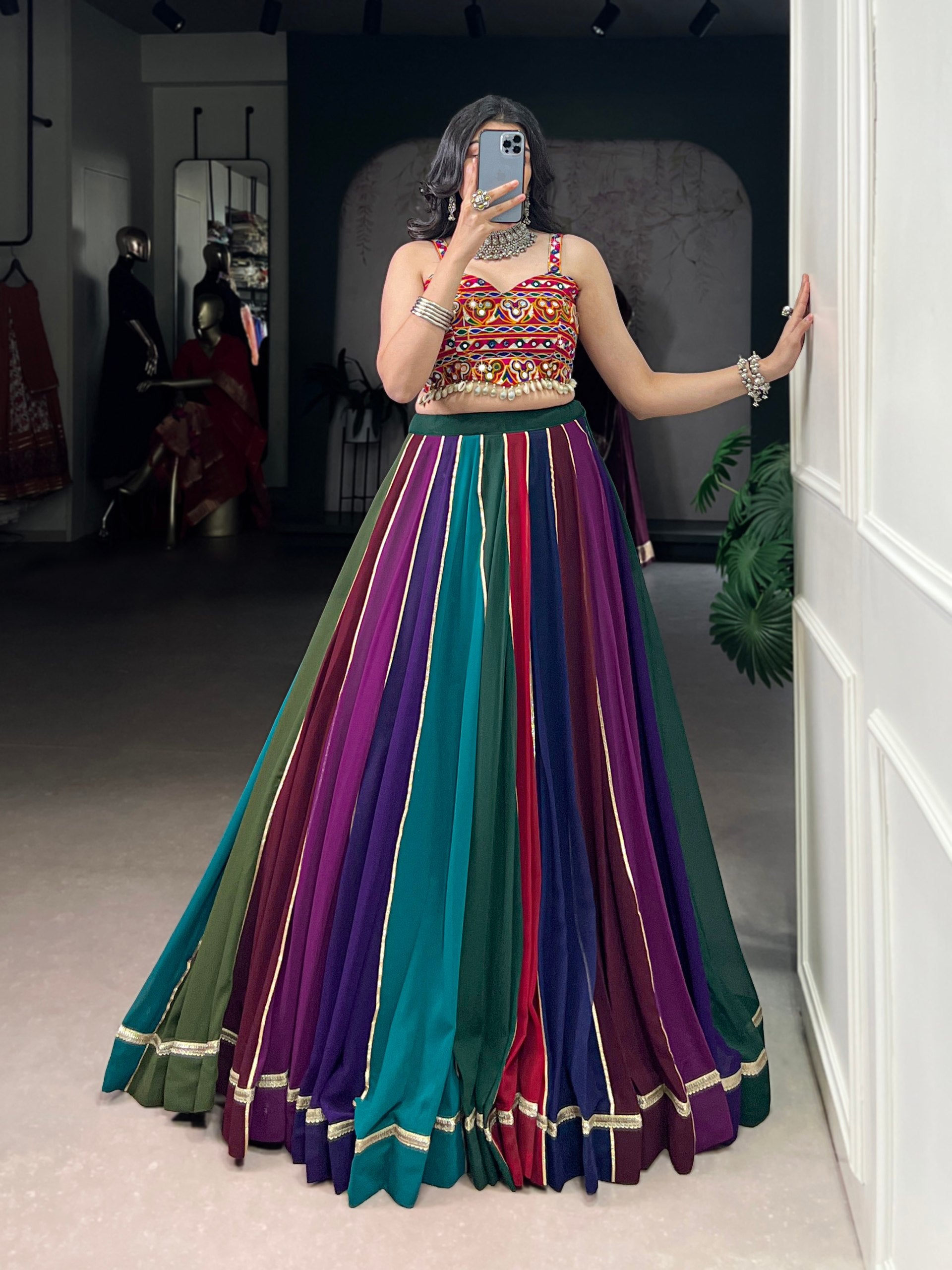Womenline Rainbow Heritage Navratri Lehenga with Kutchi Mirror Work Blouse