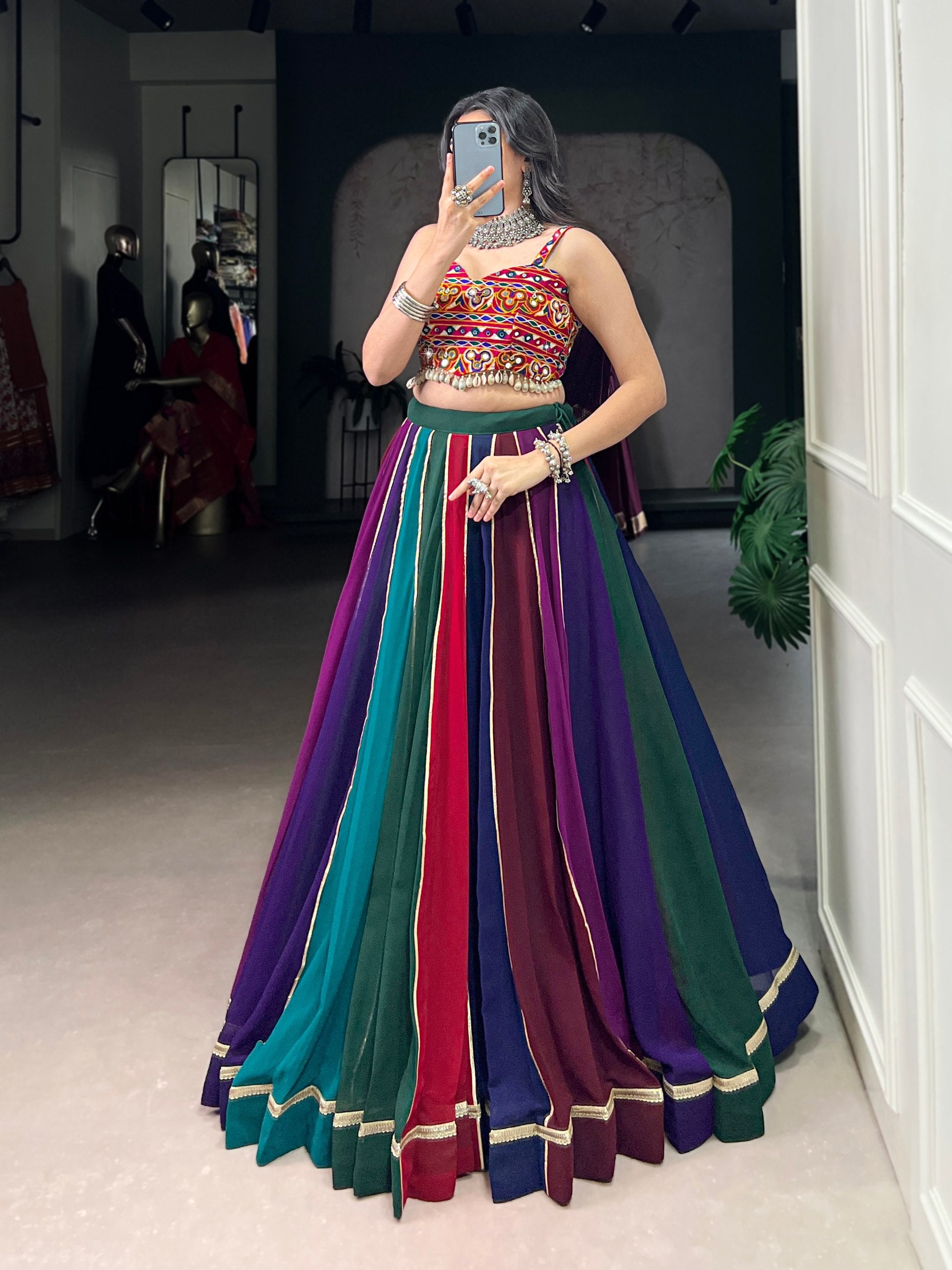 Womenline Rainbow Heritage Navratri Lehenga with Kutchi Mirror Work Blouse