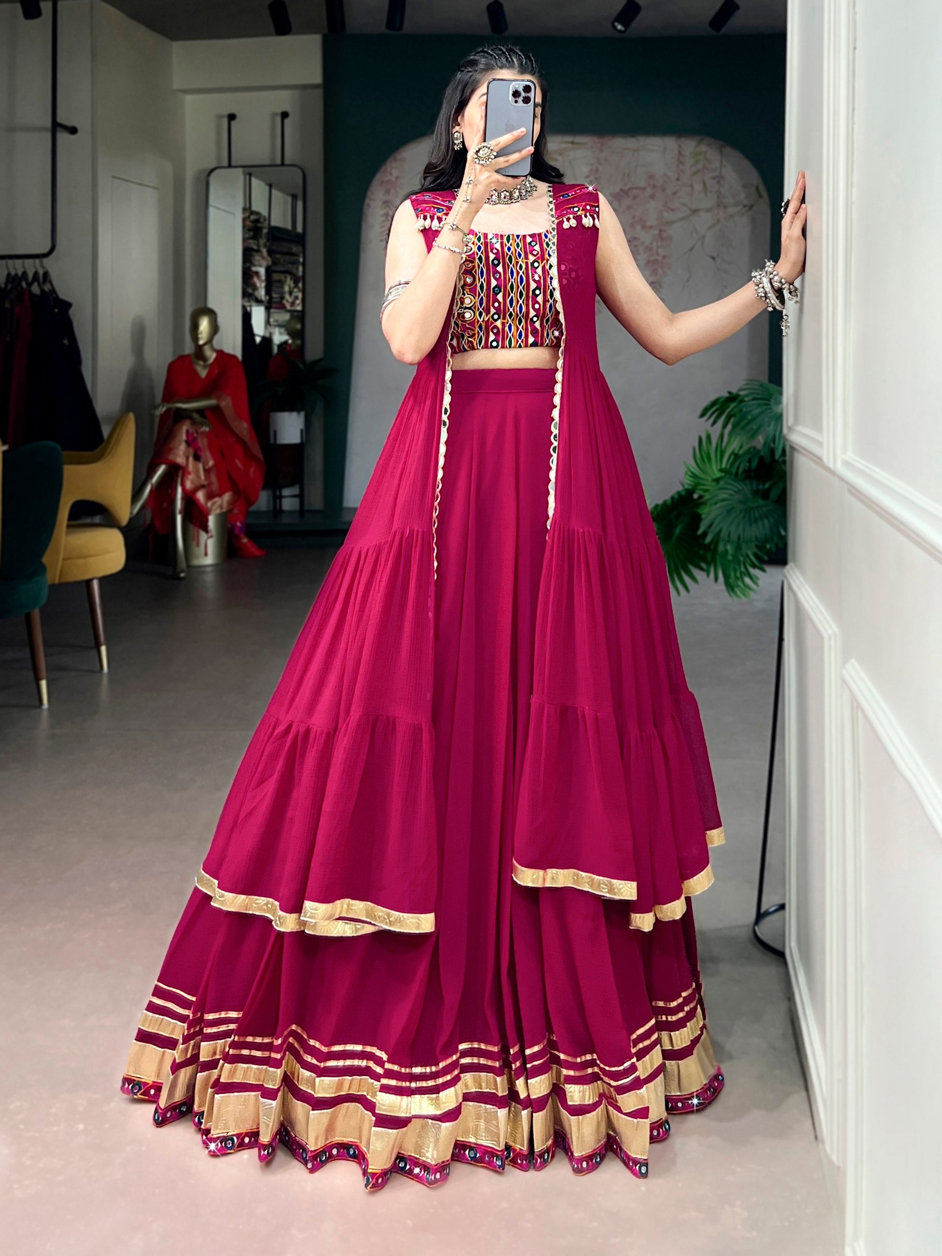 Womenline Rani Rang Navratri Lehenga with Kutchi Mirror Work Choli
