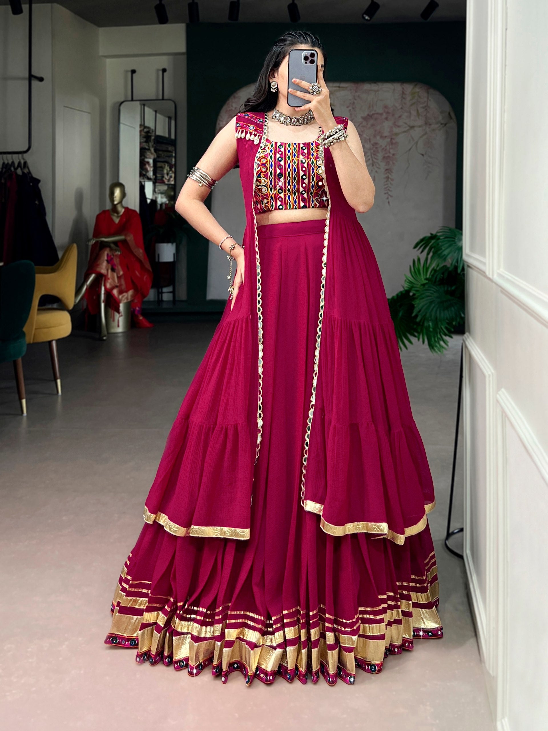 Womenline Rani Rang Navratri Lehenga with Kutchi Mirror Work Choli