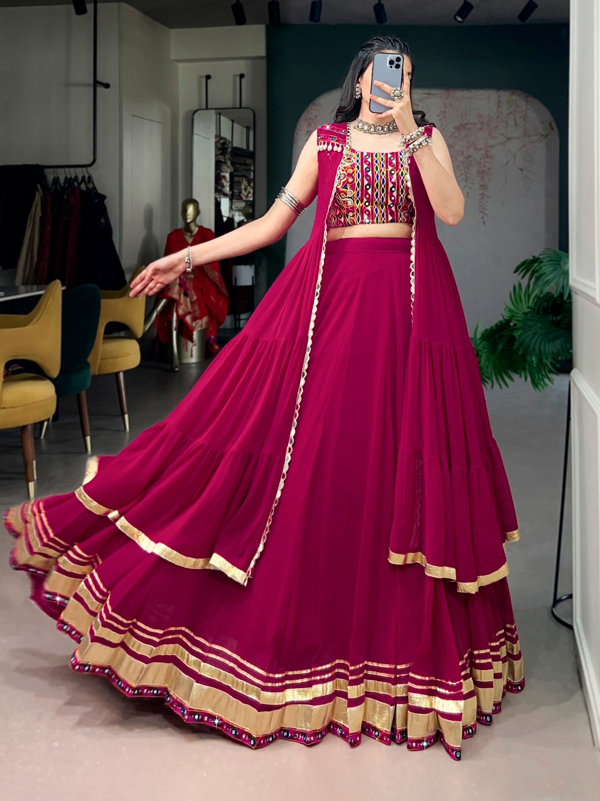 Womenline Rani Rang Navratri Lehenga with Kutchi Mirror Work Choli