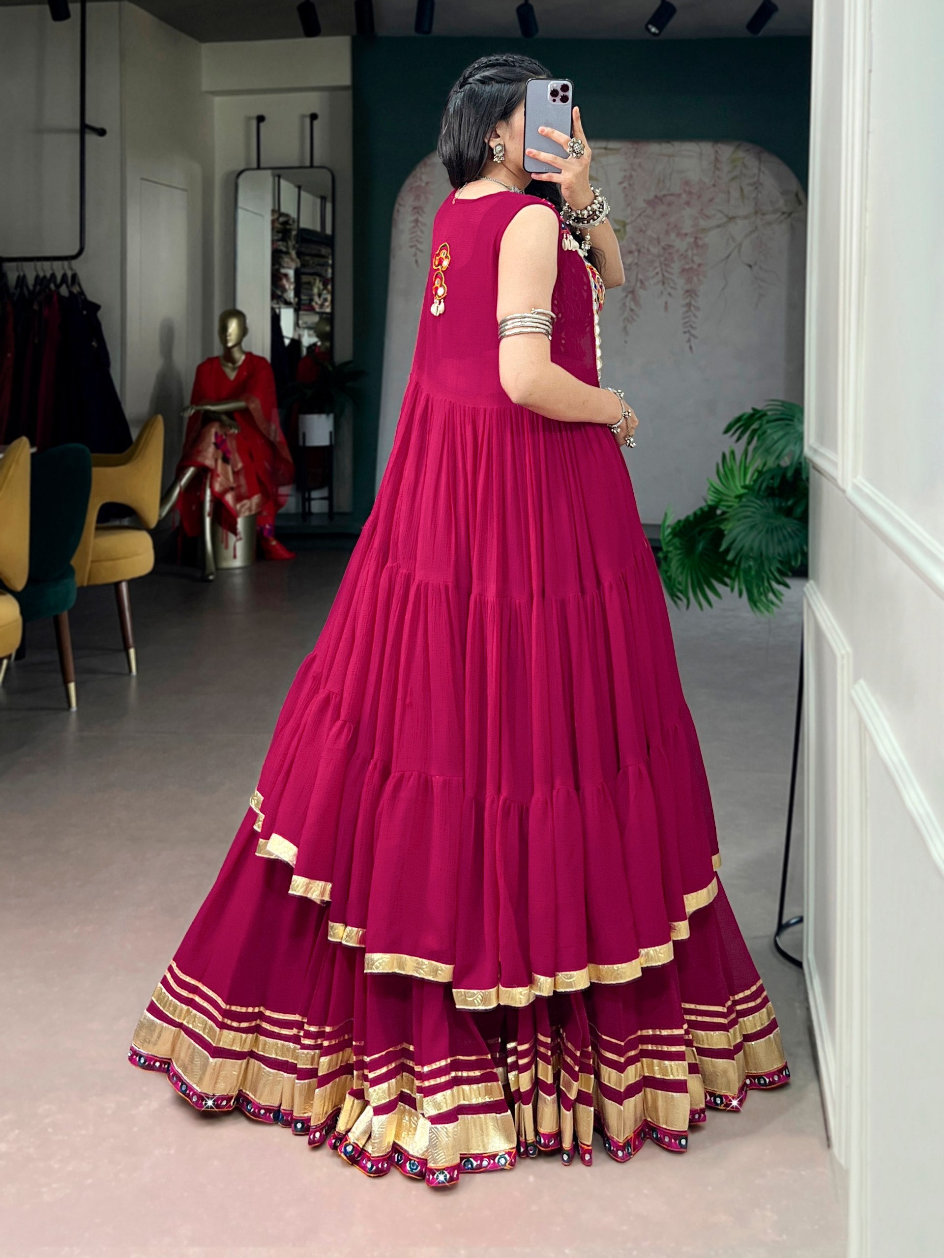 Womenline Rani Rang Navratri Lehenga with Kutchi Mirror Work Choli