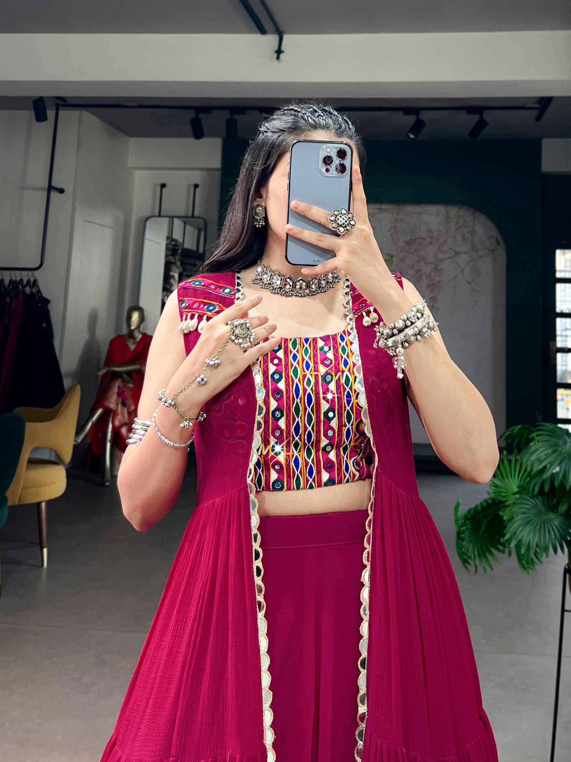 Womenline Rani Rang Navratri Lehenga with Kutchi Mirror Work Choli