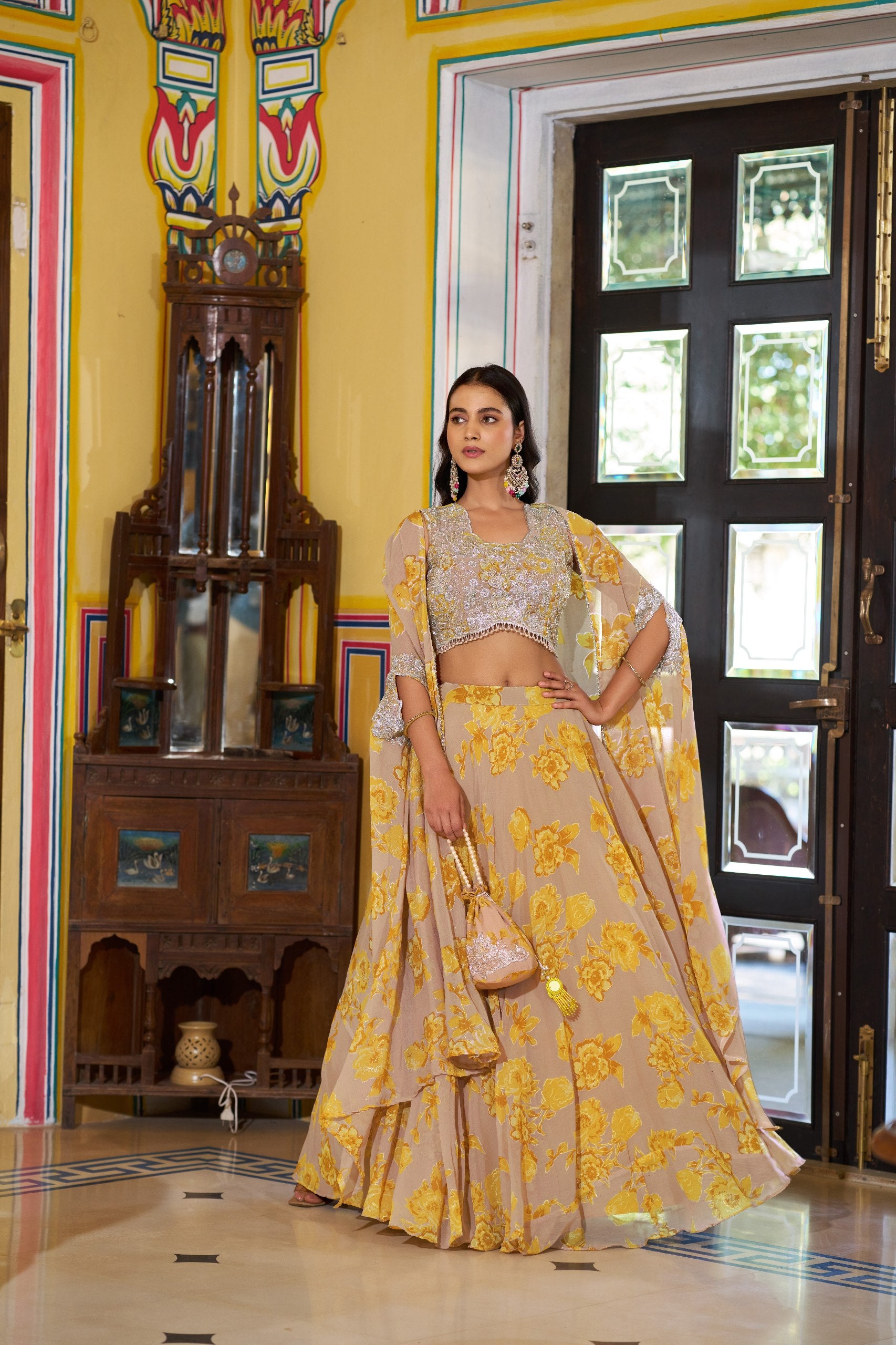 Womenline Sunshine Yellow Floral Designer Lehenga with Embroidered Cape