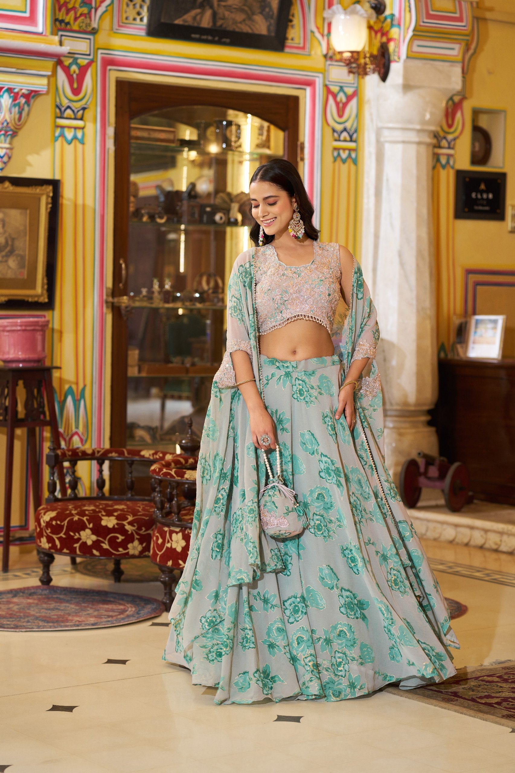 Womenline Mint Bloom Floral Designer Lehenga with Embroidered Cape