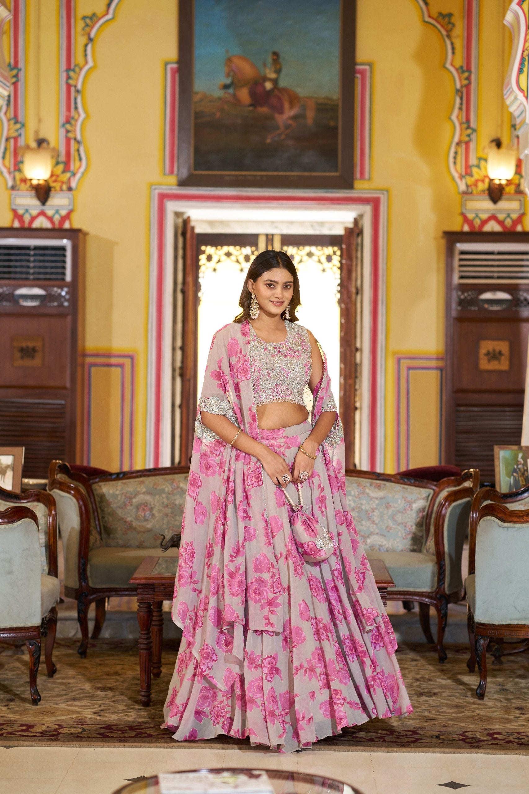 Womenline Blush Bloom Floral Designer Lehenga with Embroidered Cape