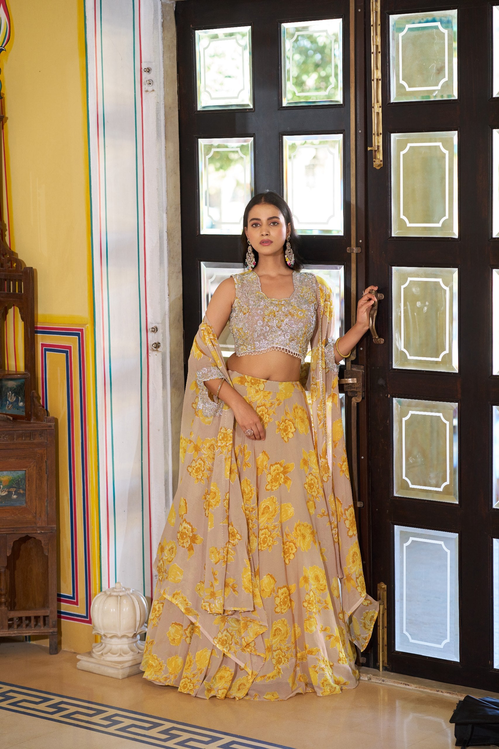 Womenline Sunshine Yellow Floral Designer Lehenga with Embroidered Cape