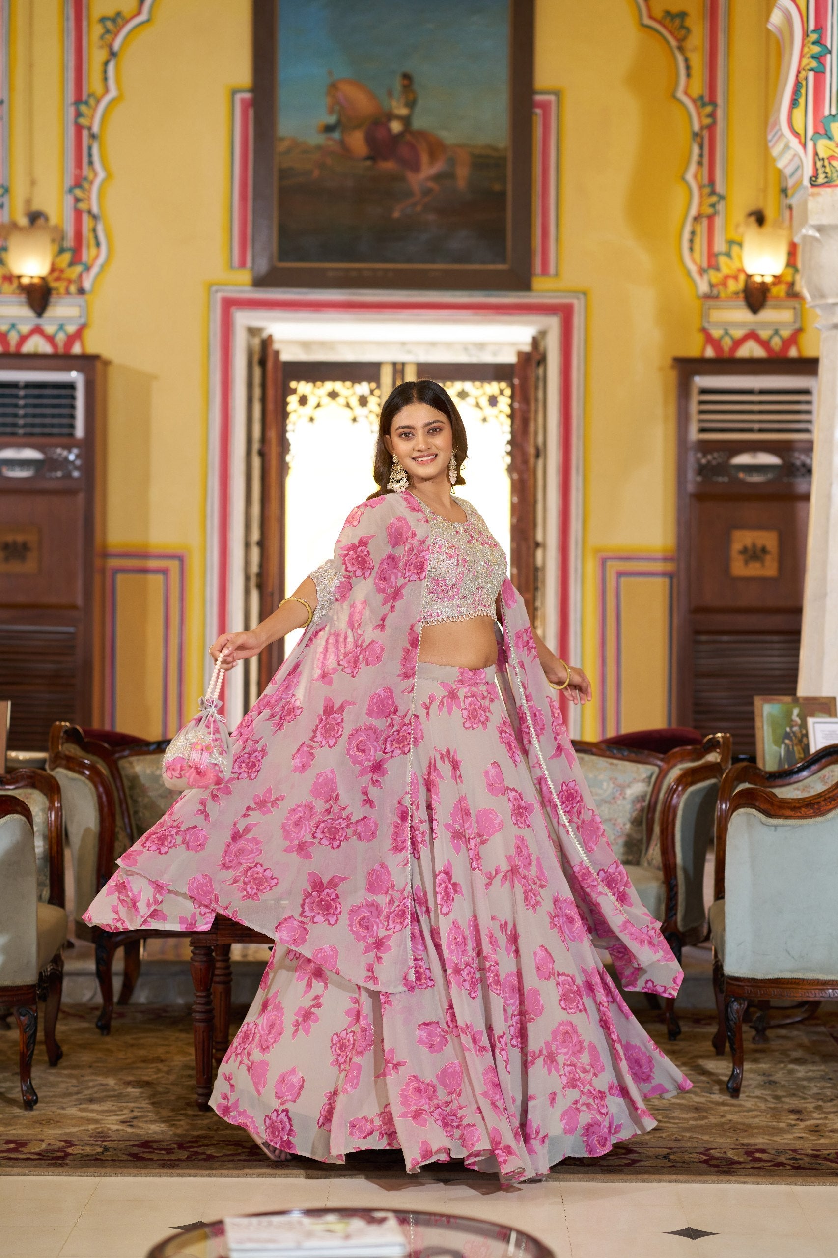 Womenline Blush Bloom Floral Designer Lehenga with Embroidered Cape