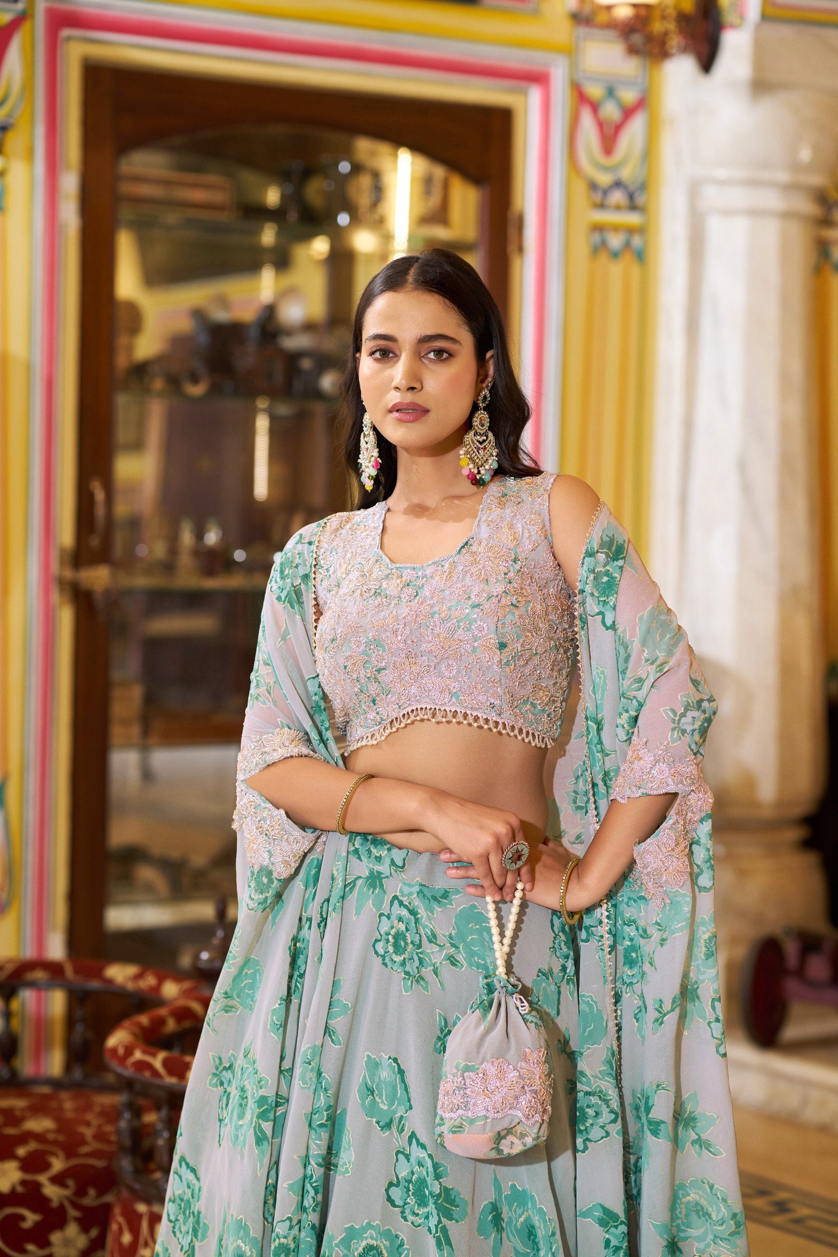 Womenline Mint Bloom Floral Designer Lehenga with Embroidered Cape