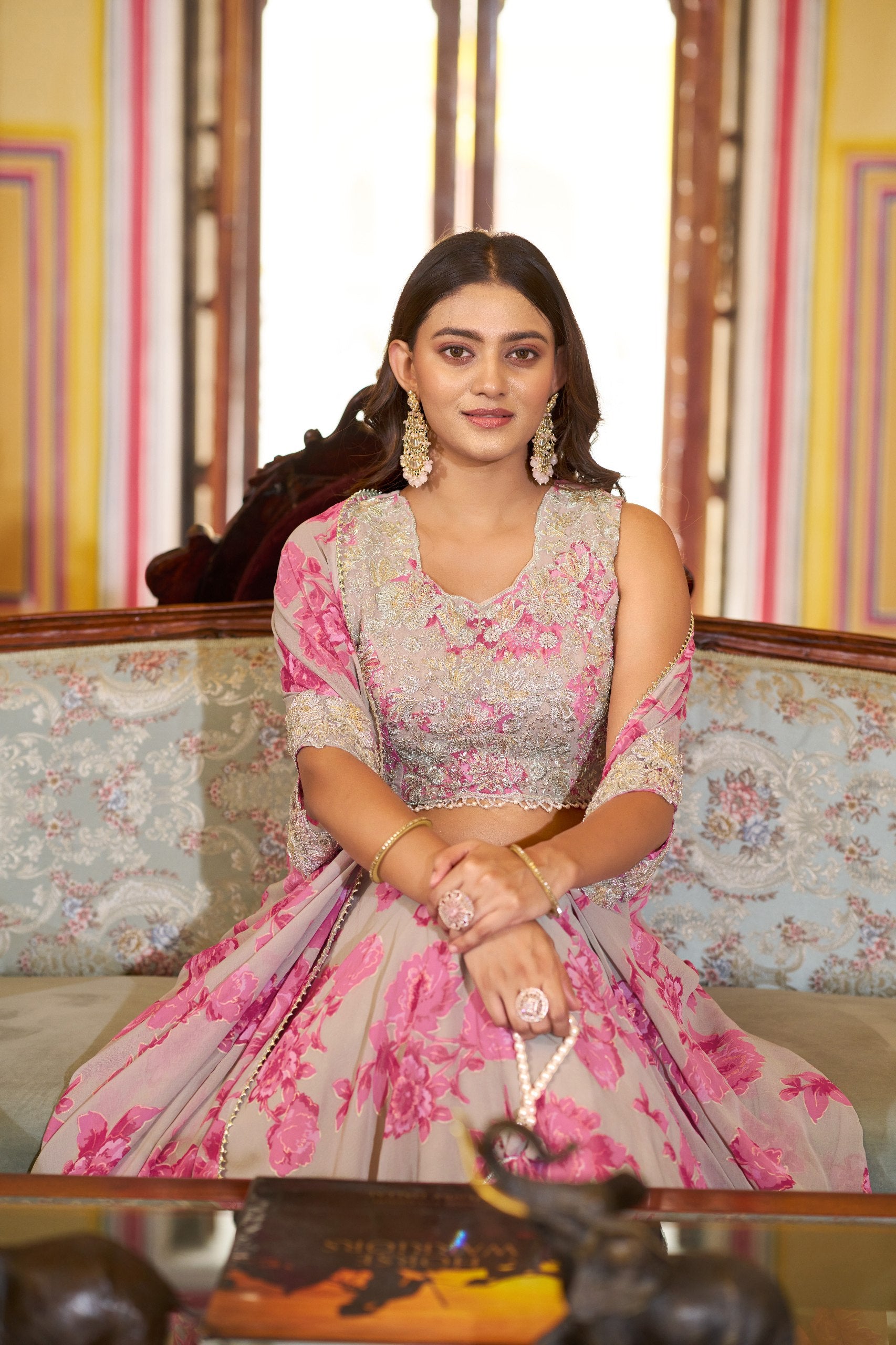 Womenline Blush Bloom Floral Designer Lehenga with Embroidered Cape
