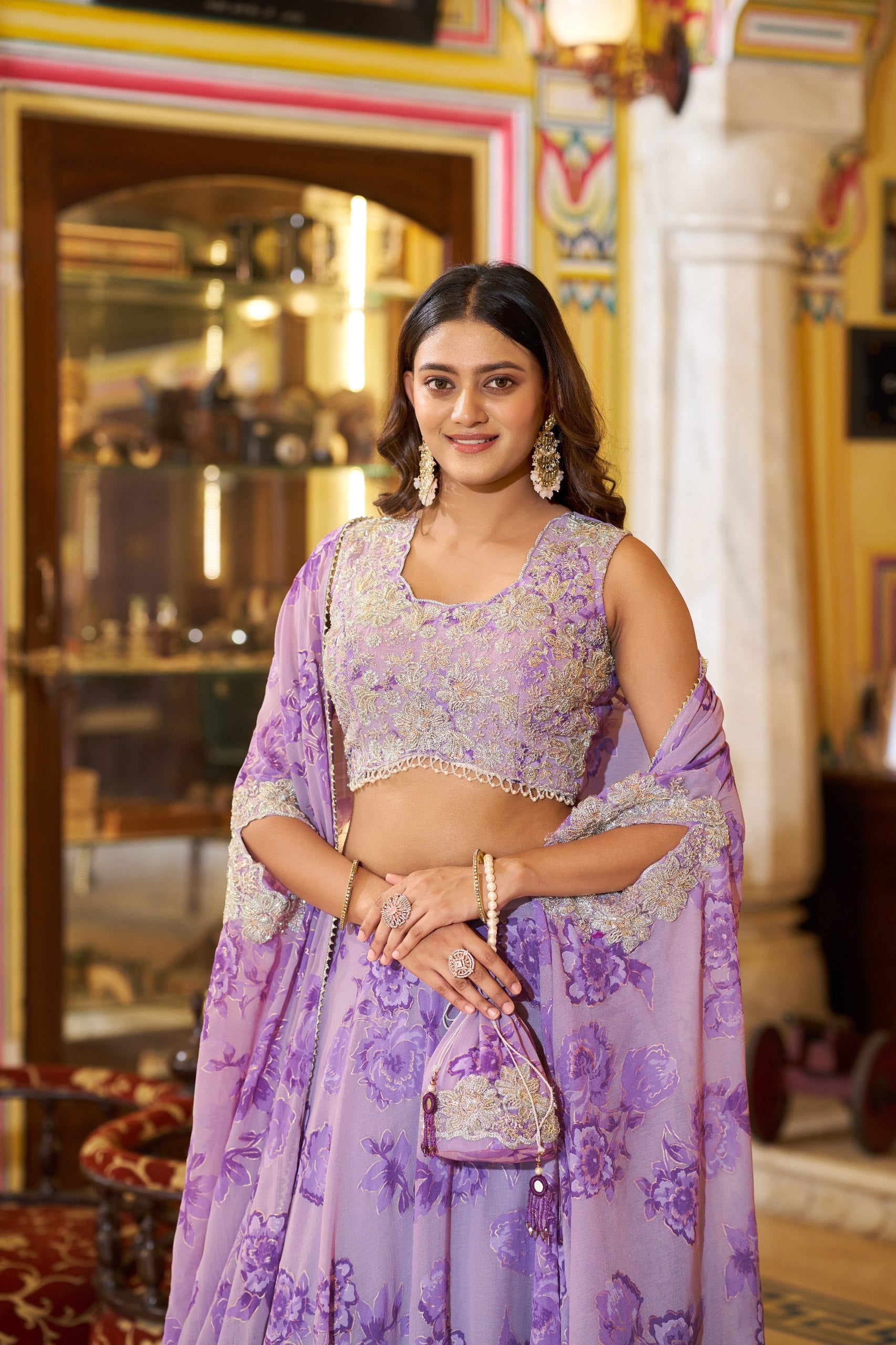 Womenline Lavender Bloom Floral Designer Lehenga with Embroidered Cape