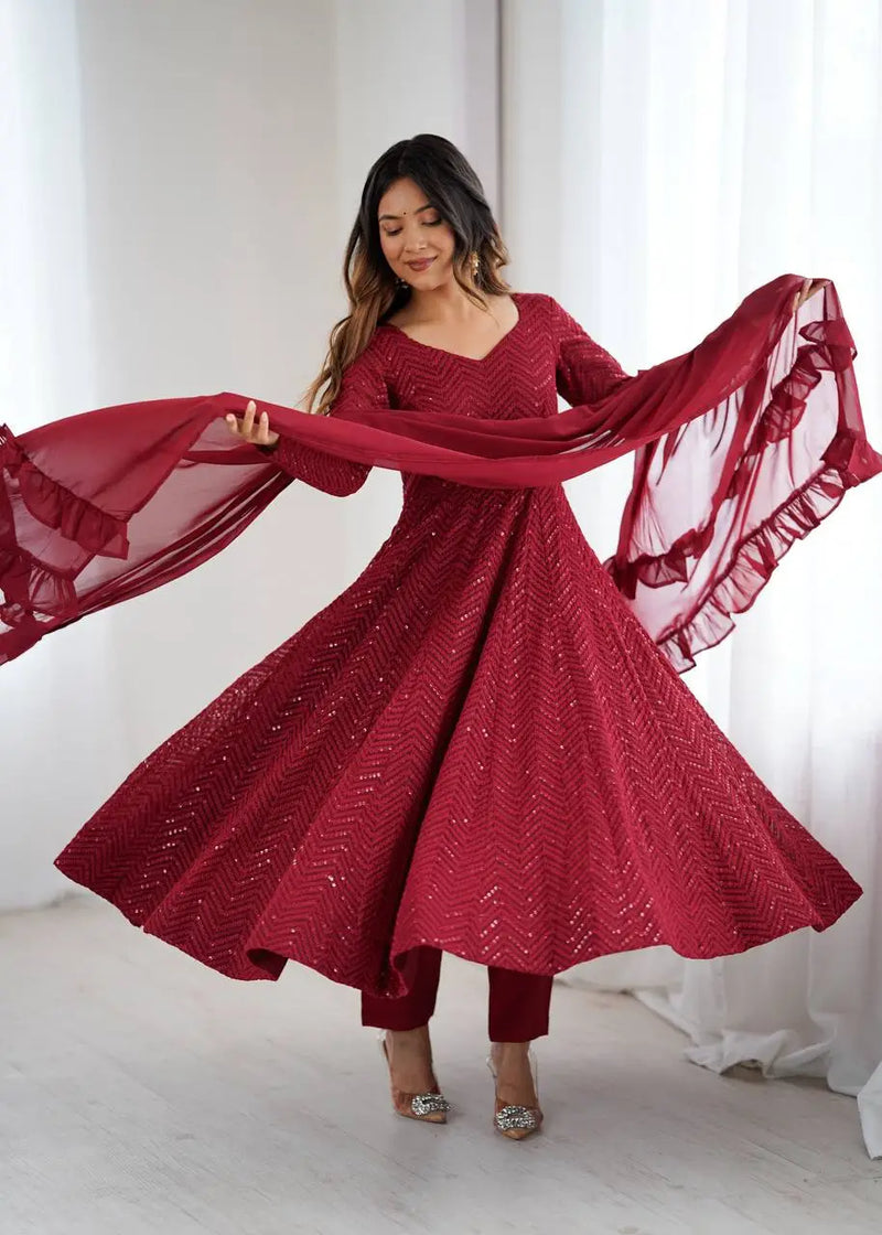 Womenline Maroon Color Georgette Lucknowi Three Piece Anarkali Suit