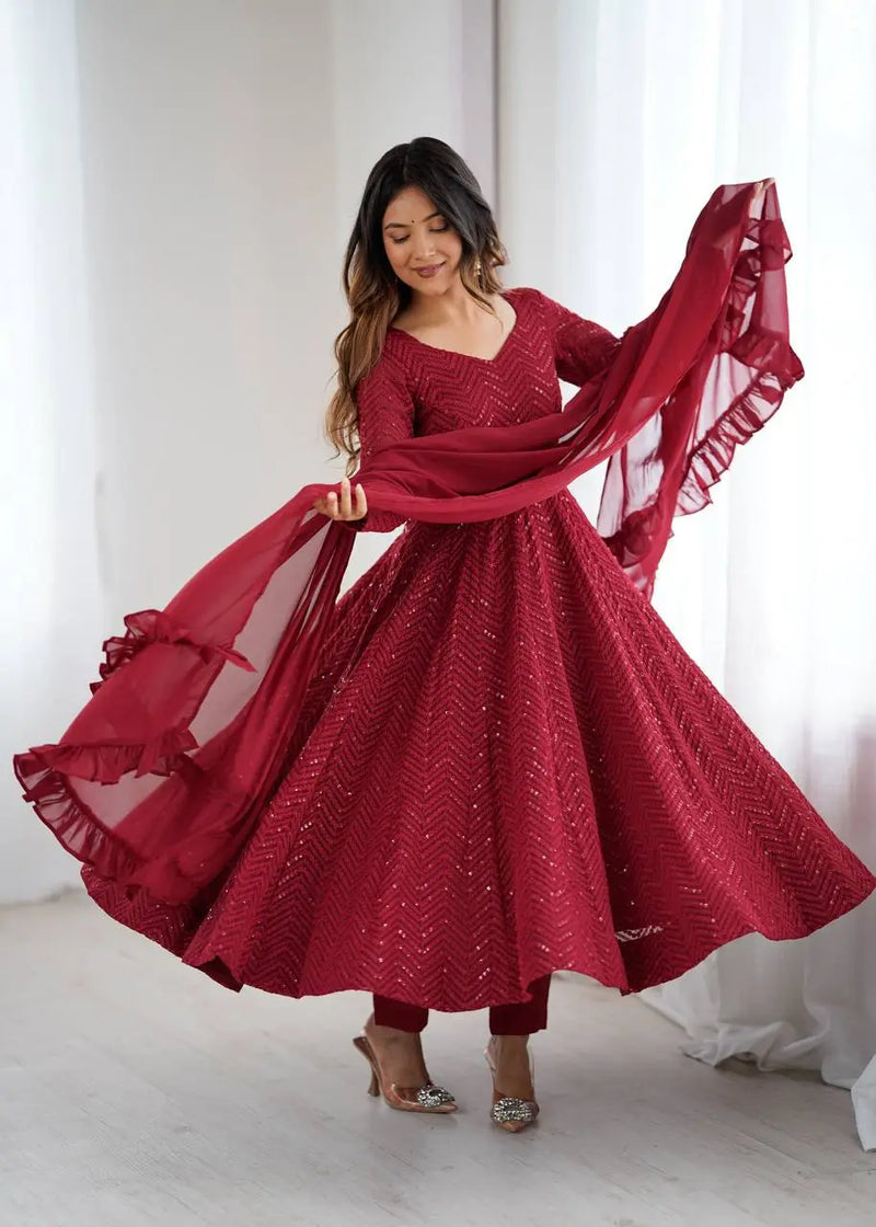 Womenline Maroon Color Georgette Lucknowi Three Piece Anarkali Suit